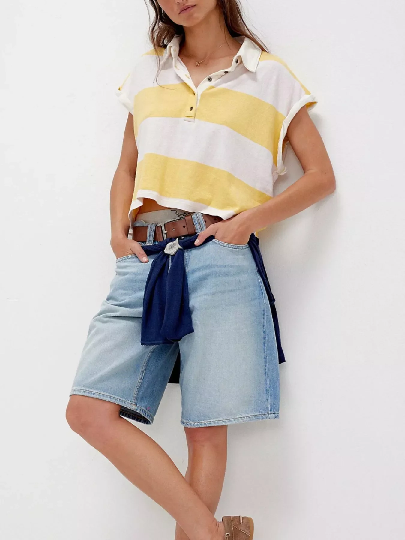 Half Button Striped Short Sleeve Cropped Polo Shirt - Image 6