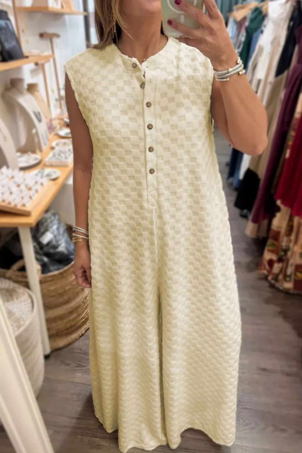 Half Buttons Sleeveless Wide Leg Textured Jumpsuit - Image 2