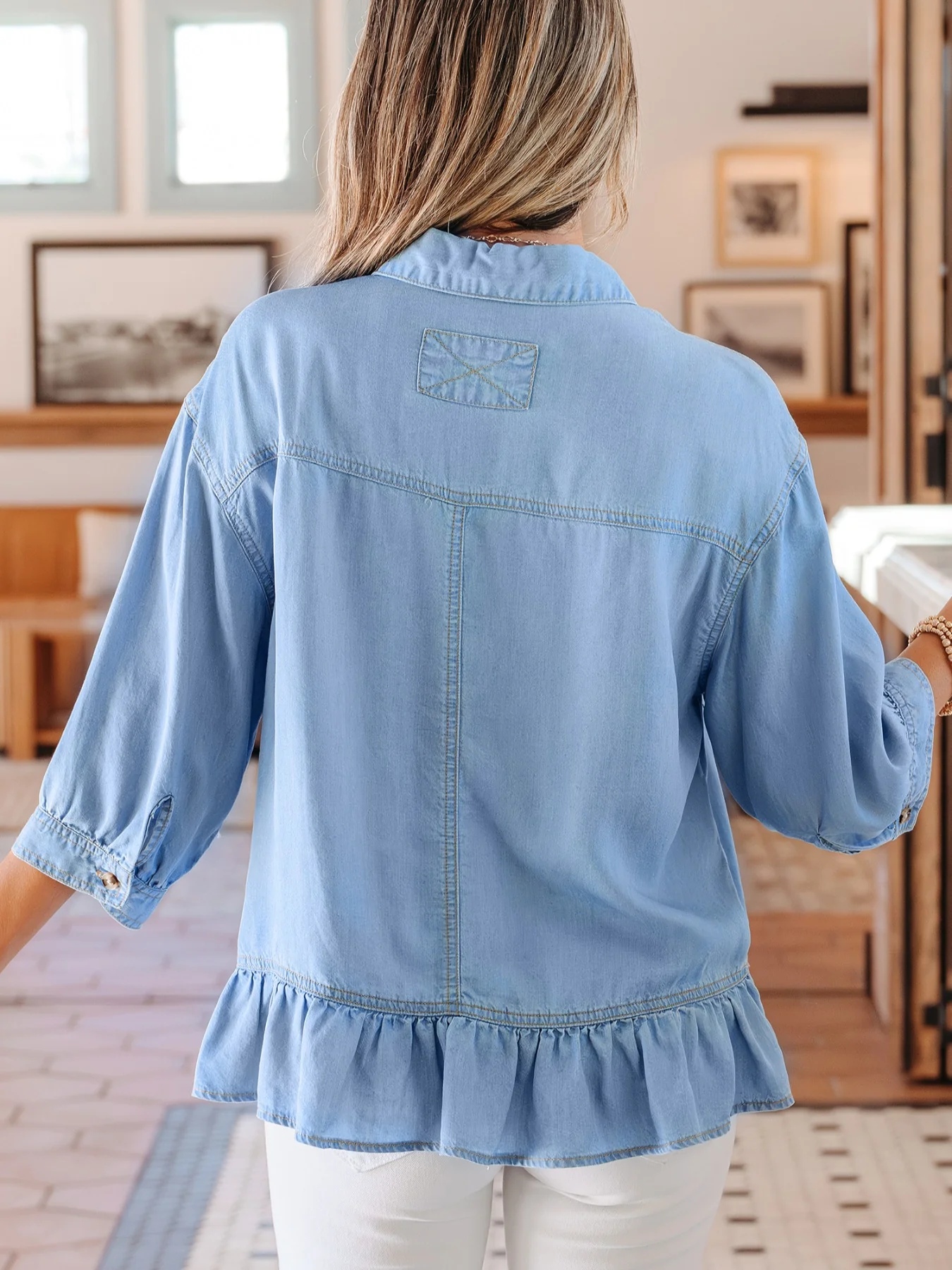 Half Sleeve Button Down Ruffled High Low Chambray Shirt - Image 2