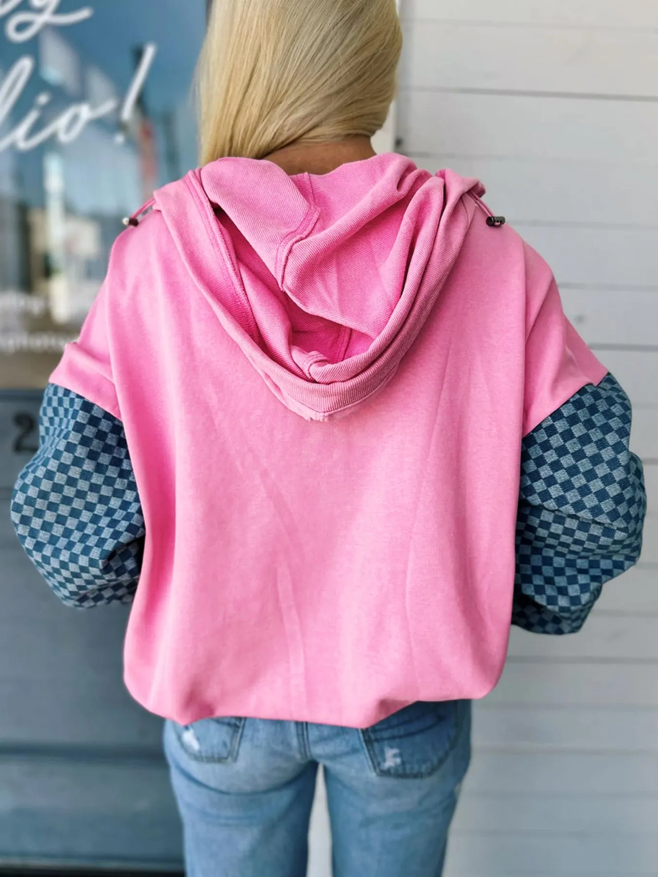 Half Zip Checkered Sleeve Hoodie - Image 2