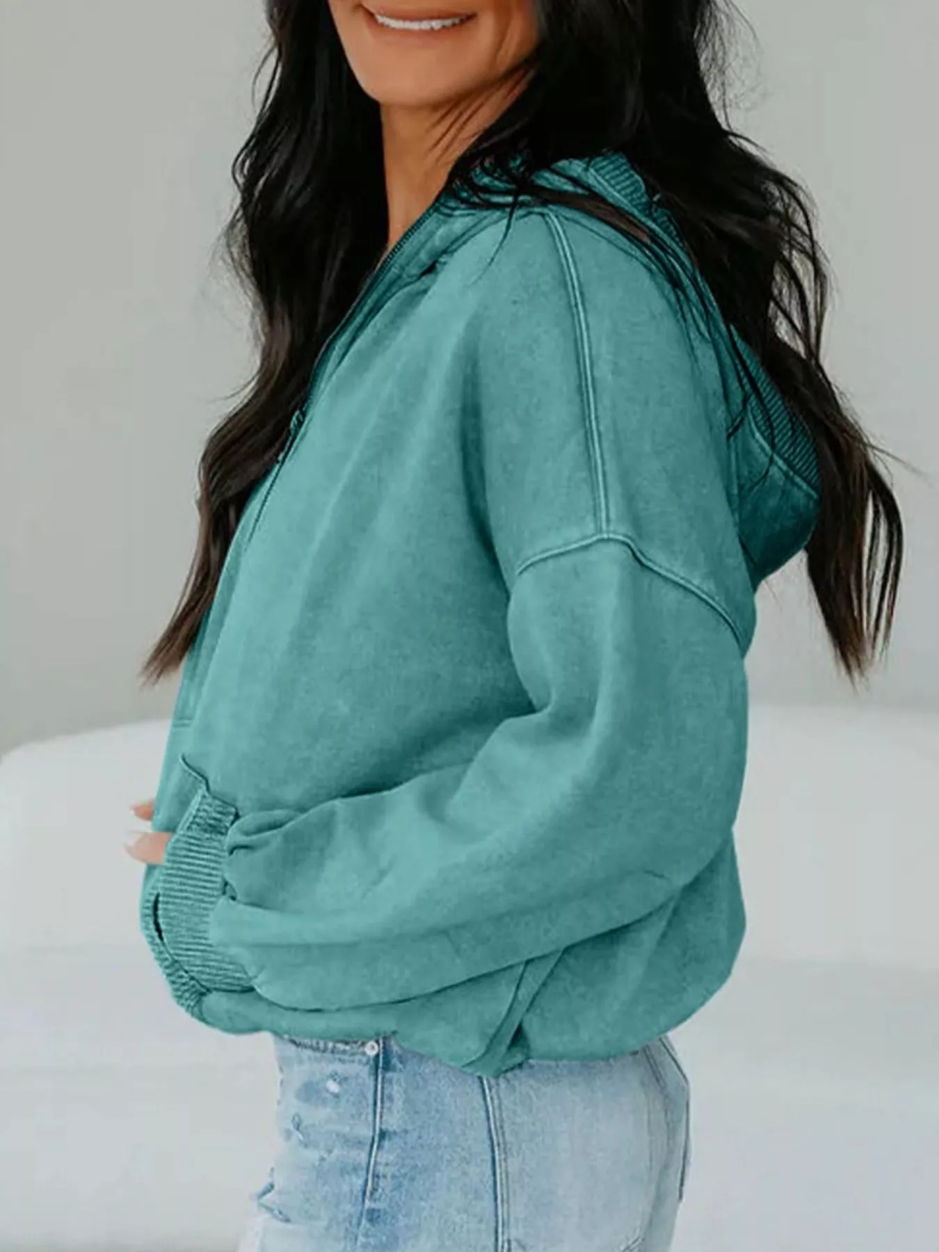 Half Zip Kangaroo Pocket Mineral Wash Baggy Hoodie - Image 3