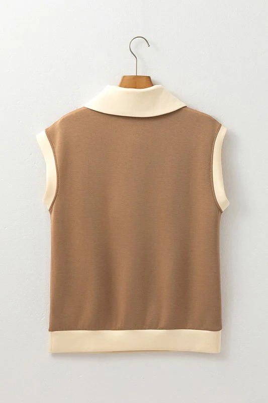 Half Zipper Collared Colorblock Short Sleeve Top - Image 7
