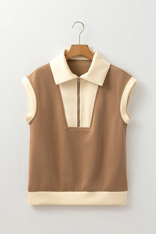 Half Zipper Collared Colorblock Short Sleeve Top - Image 8