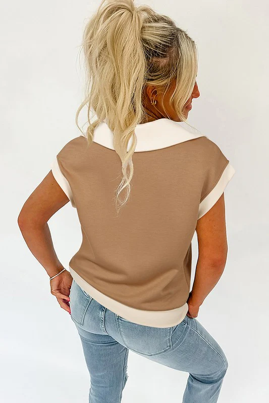 Half Zipper Collared Colorblock Short Sleeve Top - Image 9