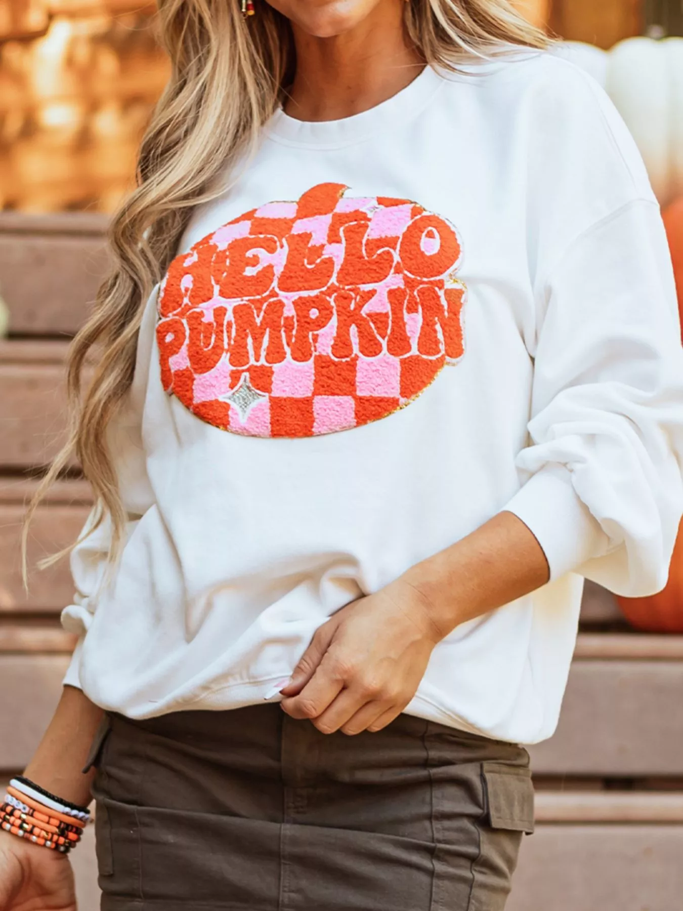 Halloween Pumpkin Patched Pattern Long Sleeve Sweatshirt - Image 4