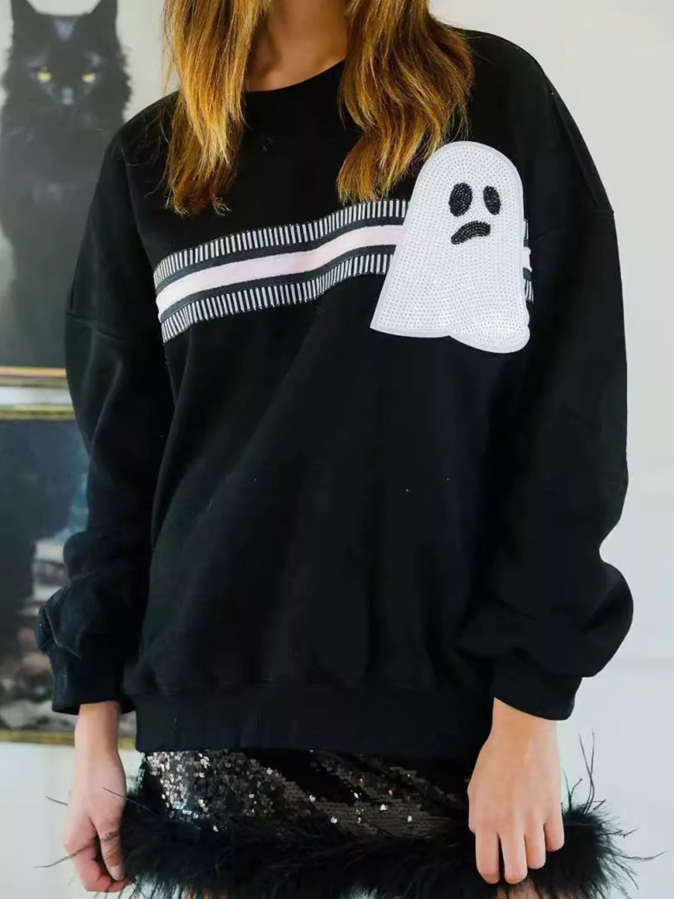 Halloween Sequin Round Neck Sweatshirt - Image 6