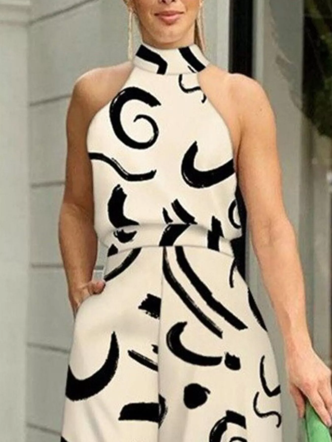 Halter Neck Abstract Print Wide Leg Jumpsuit - Image 9