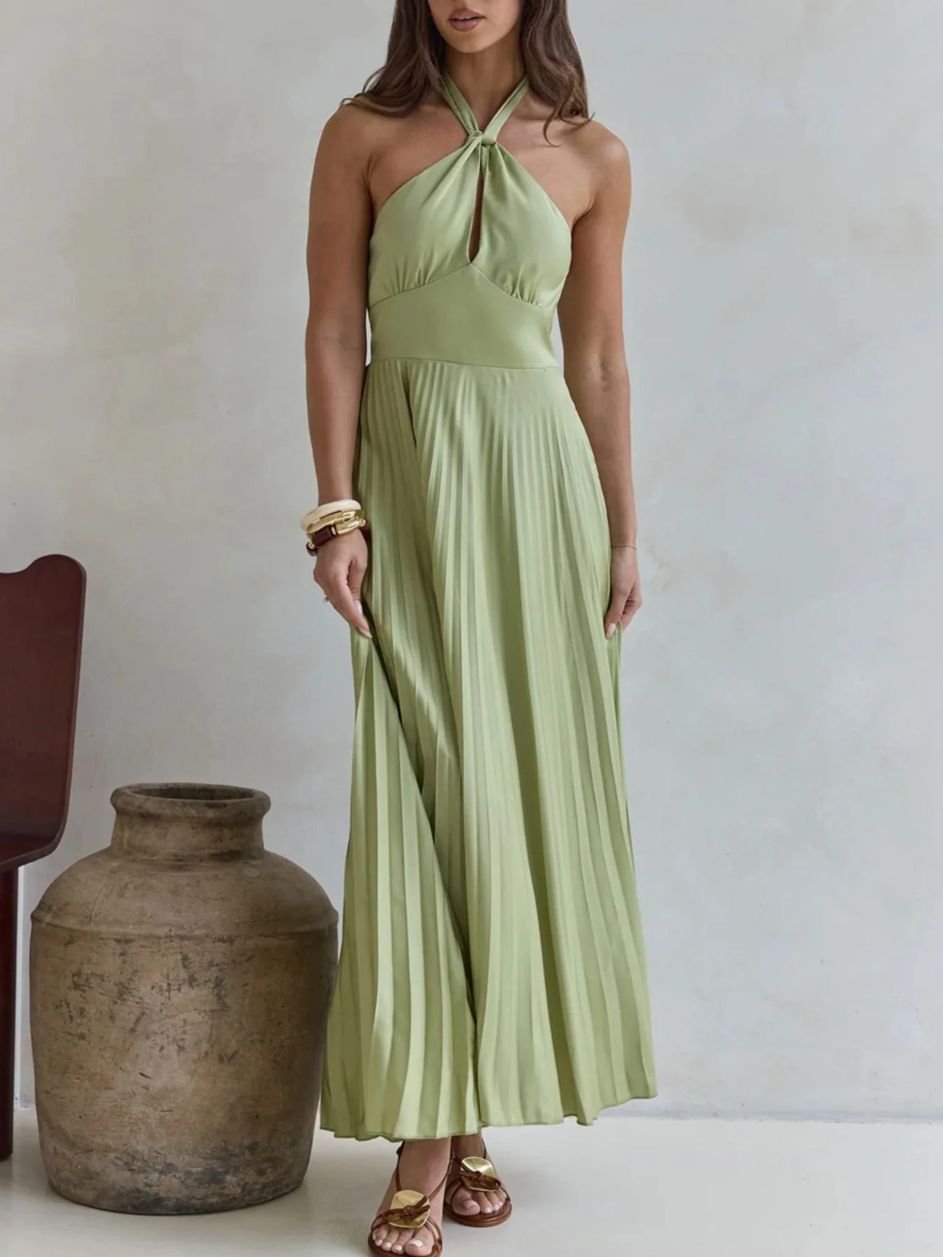 Halter Neck Pleated A-Line Dress - Image 4