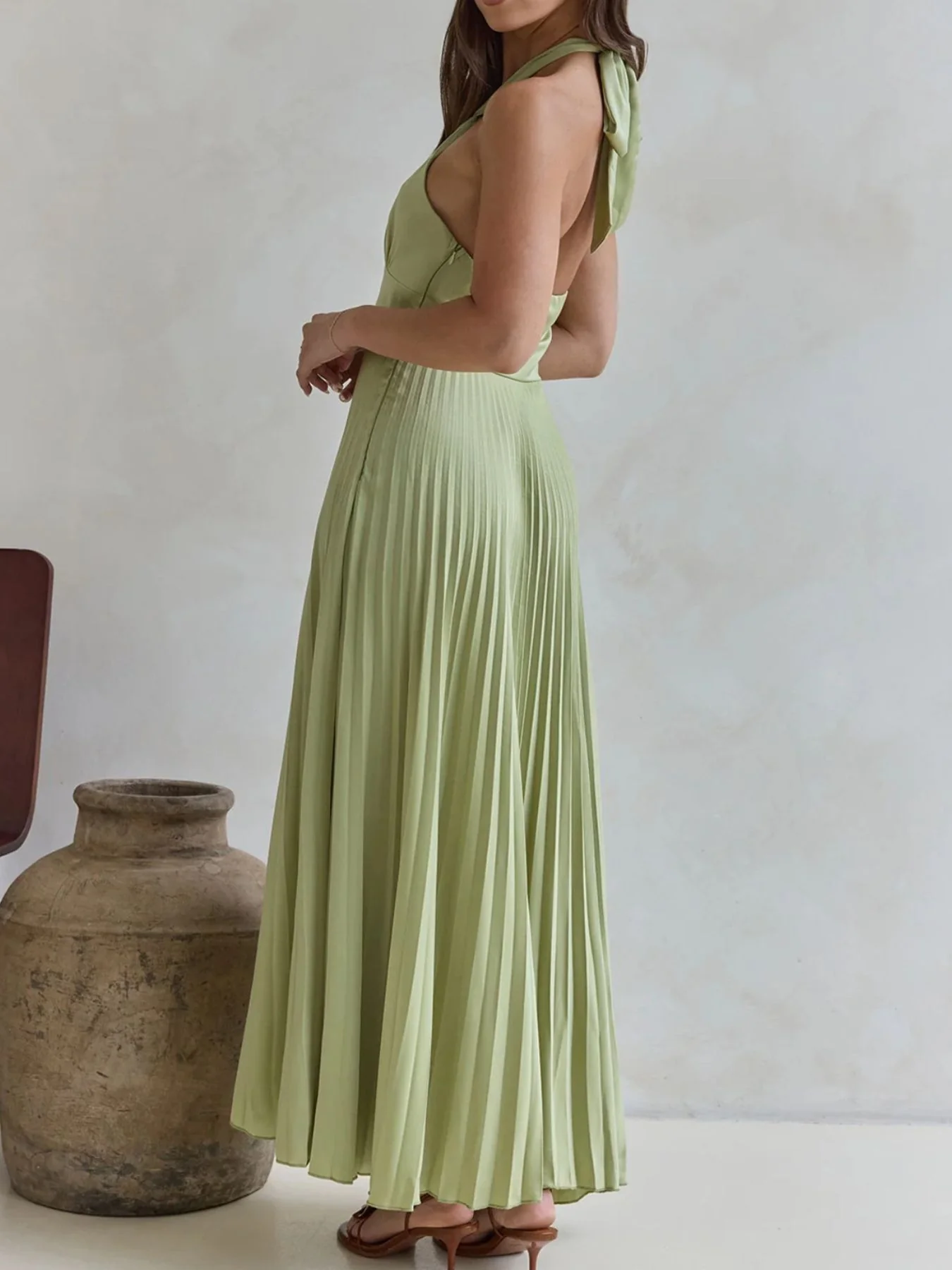Halter Neck Pleated A-Line Dress - Image 6