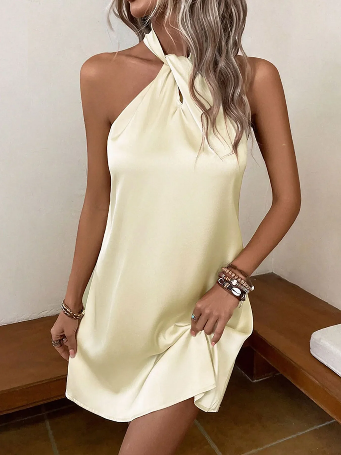Halter Neck Satin Mini Dress - Image 5
