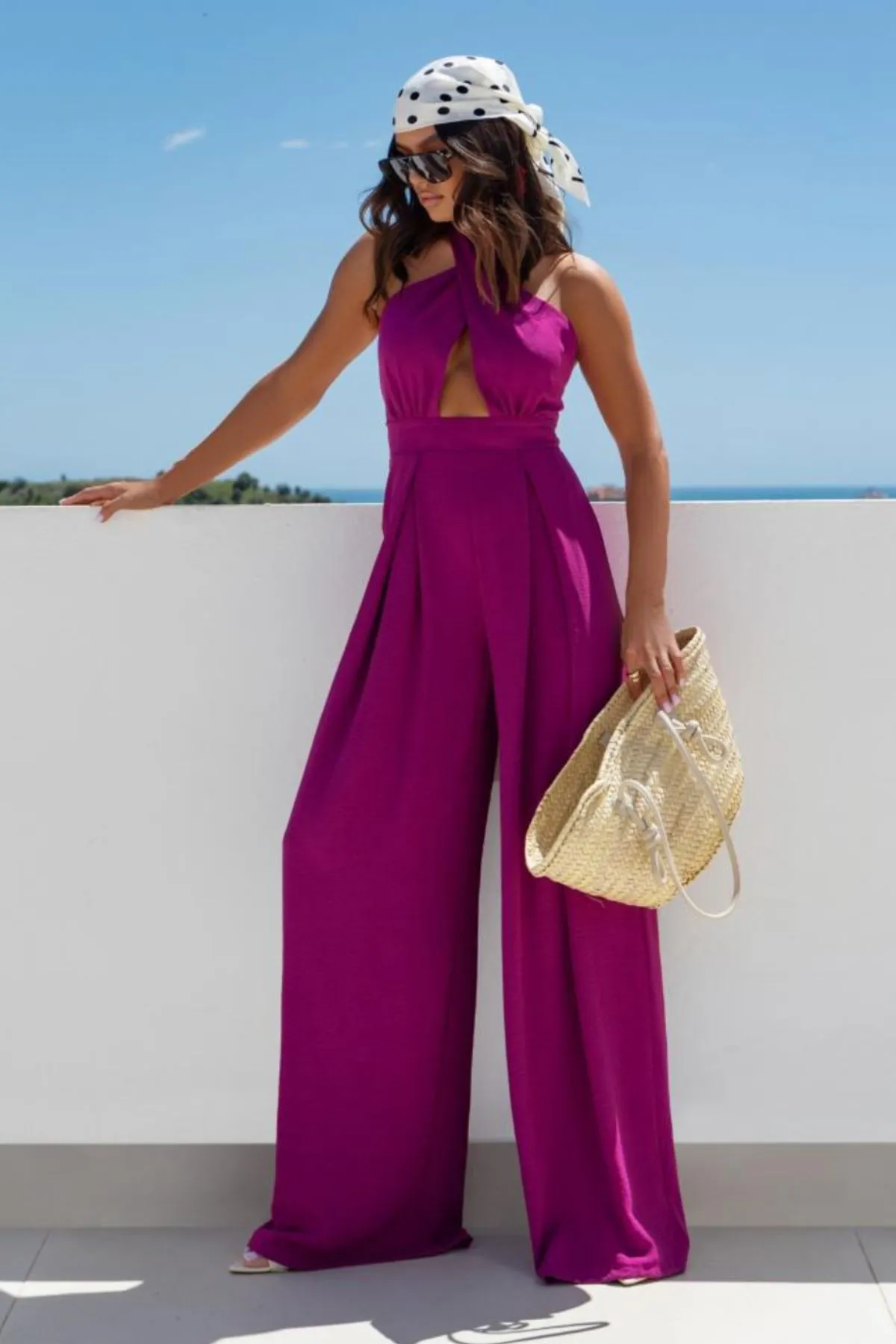 Halter Neck Wide Leg Jumpsuit with Keyhole Detail - Image 10