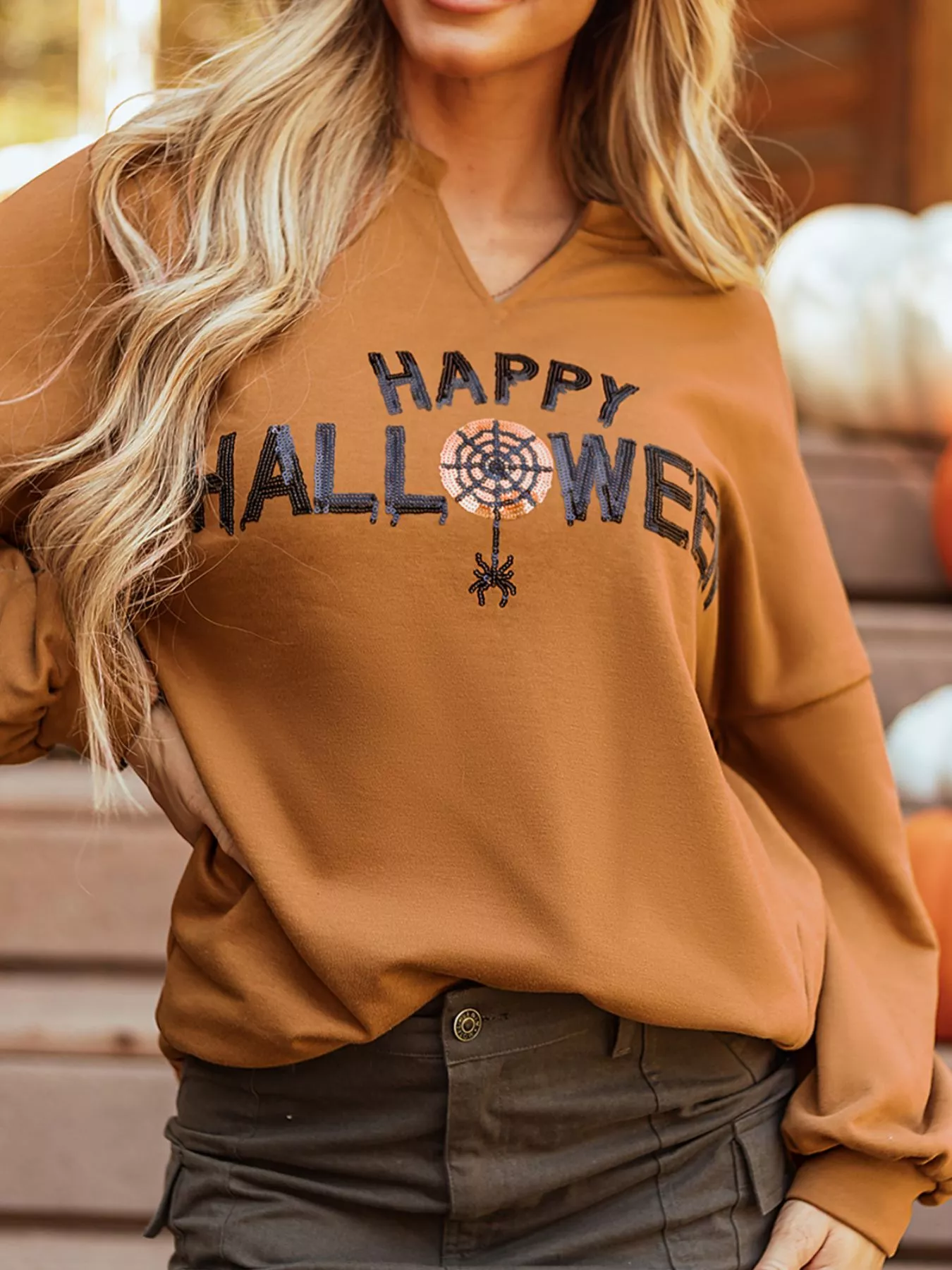 Happy Halloween Graphic Notched Long Sleeve Loose Top - Image 4
