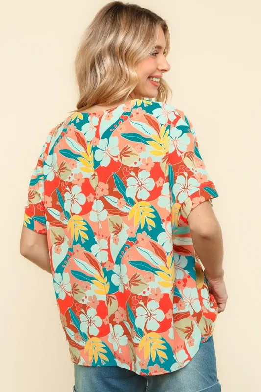 Haptics V Neck Drop Shoulder Hawaiian Woven Top - Image 7
