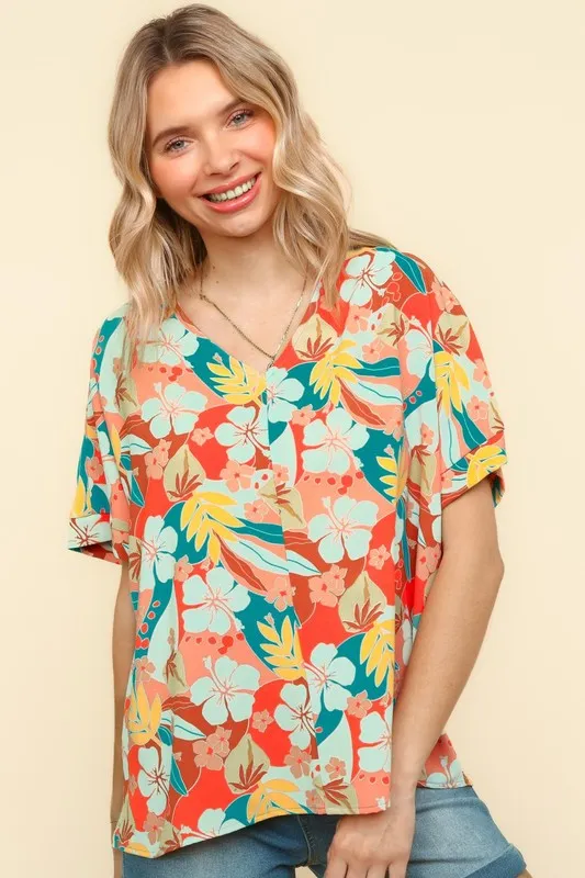 Haptics V Neck Drop Shoulder Hawaiian Woven Top - Image 8