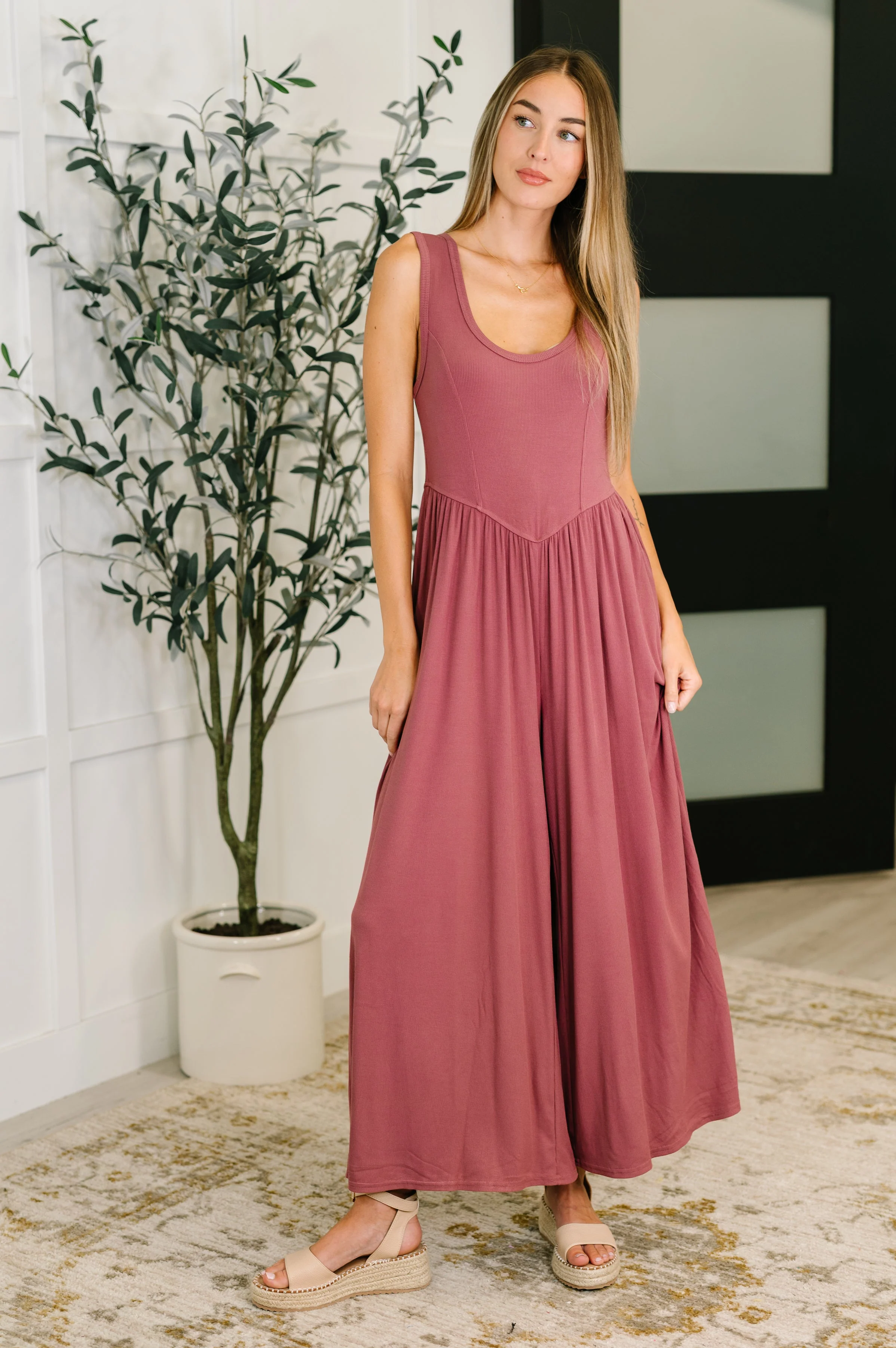 Head to Toe Whoa Gathered Wide Leg Jumpsuit in Mauve - Image 3