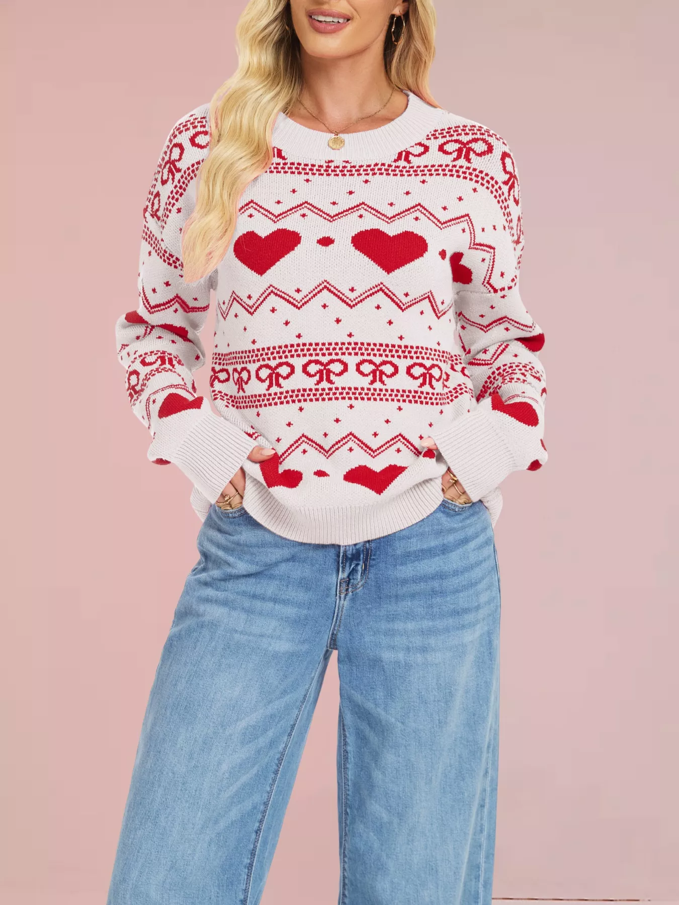 Heart & Bow Pattern Round Neck Sweater - Image 10
