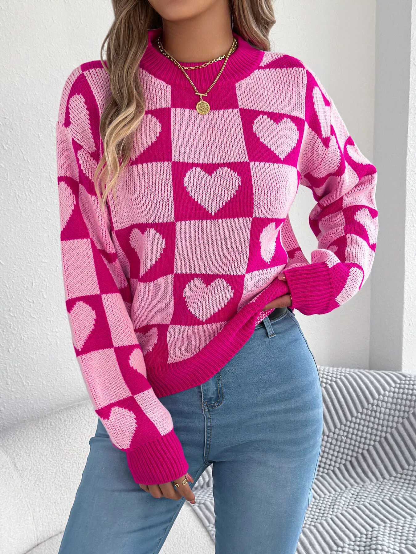 Heart Checkerboard Pattern Round Neck Sweater - Image 10
