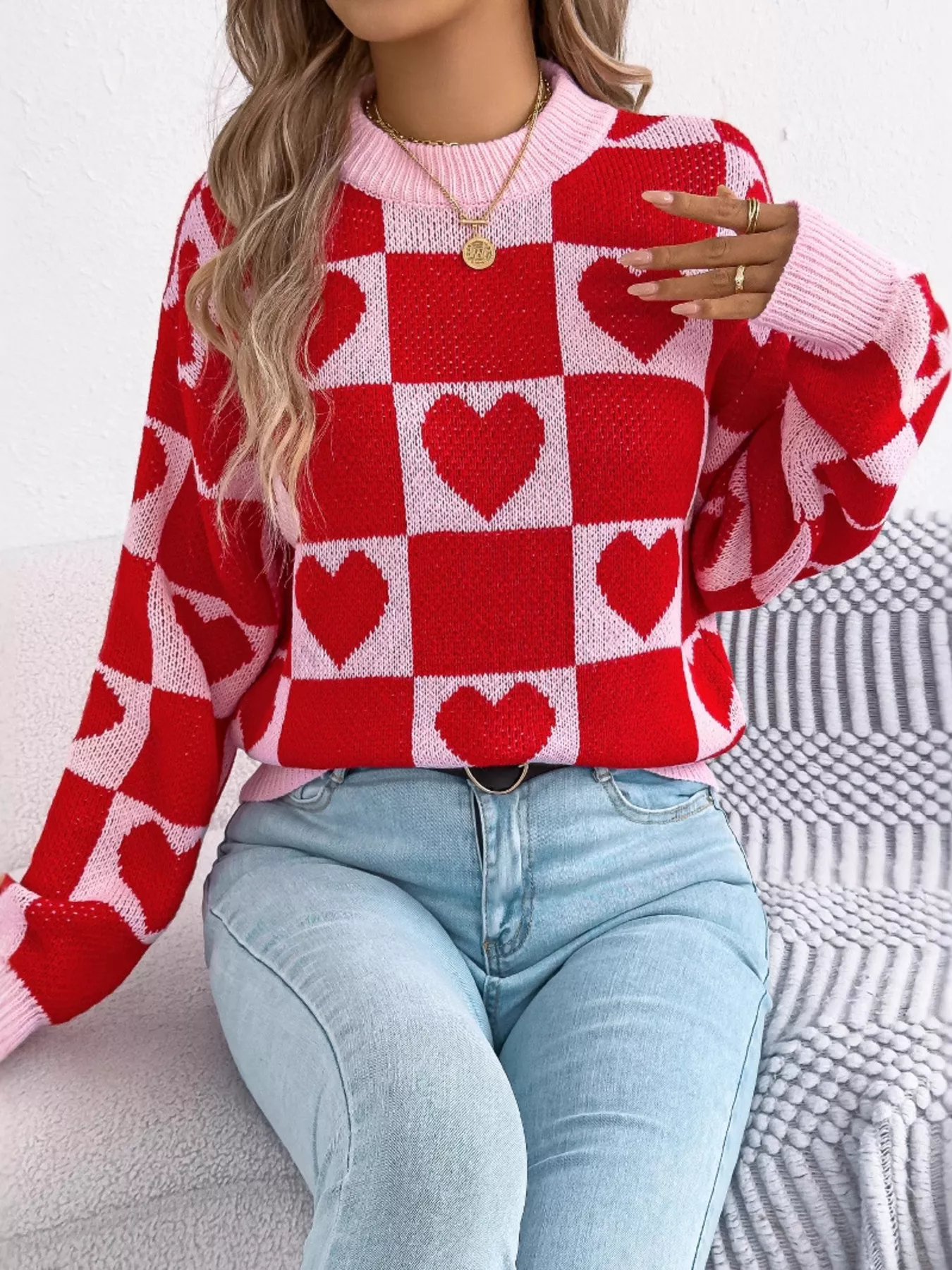 Heart Checkerboard Pattern Round Neck Sweater - Image 16