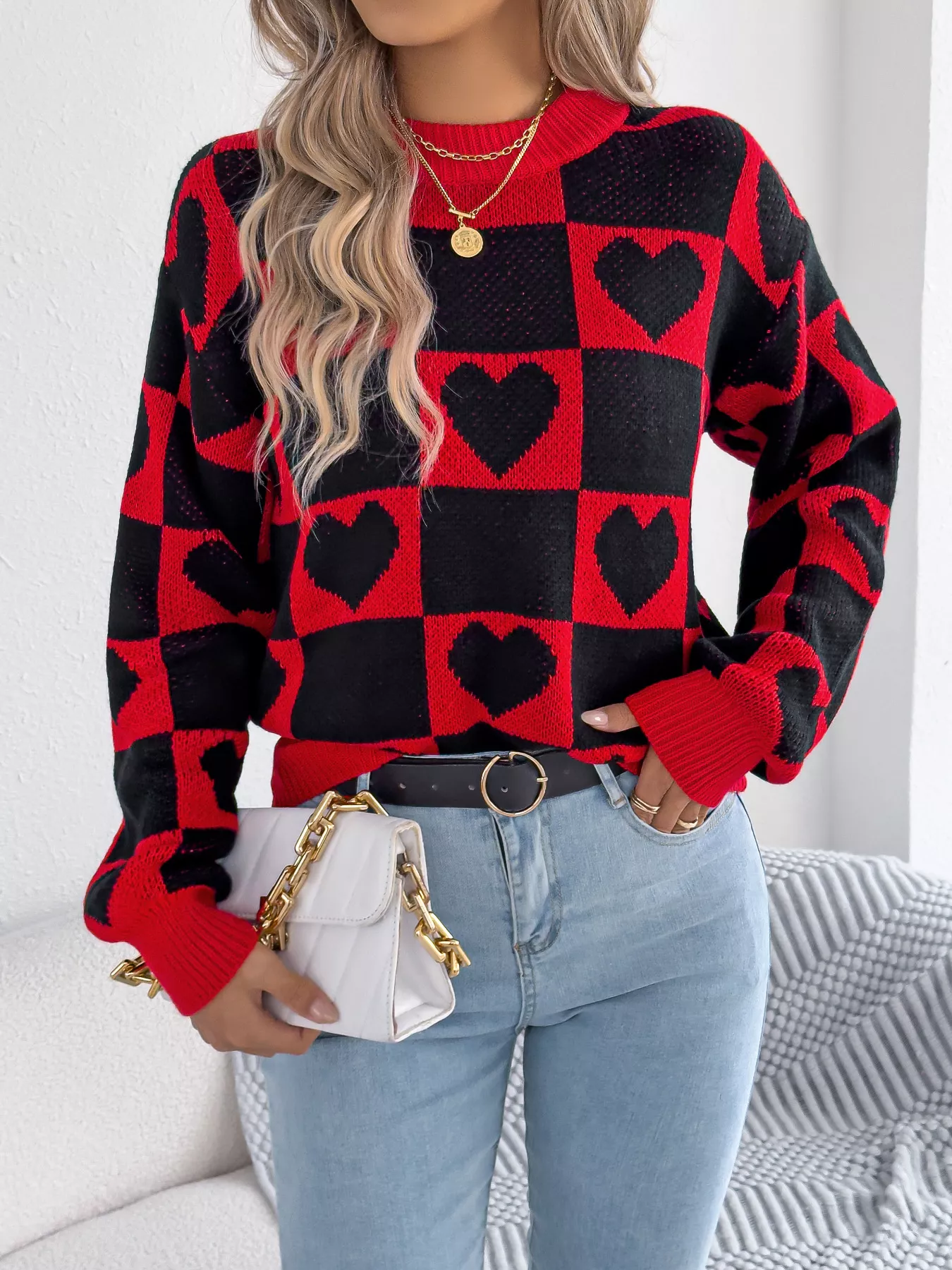 Heart Checkerboard Pattern Round Neck Sweater - Image 5