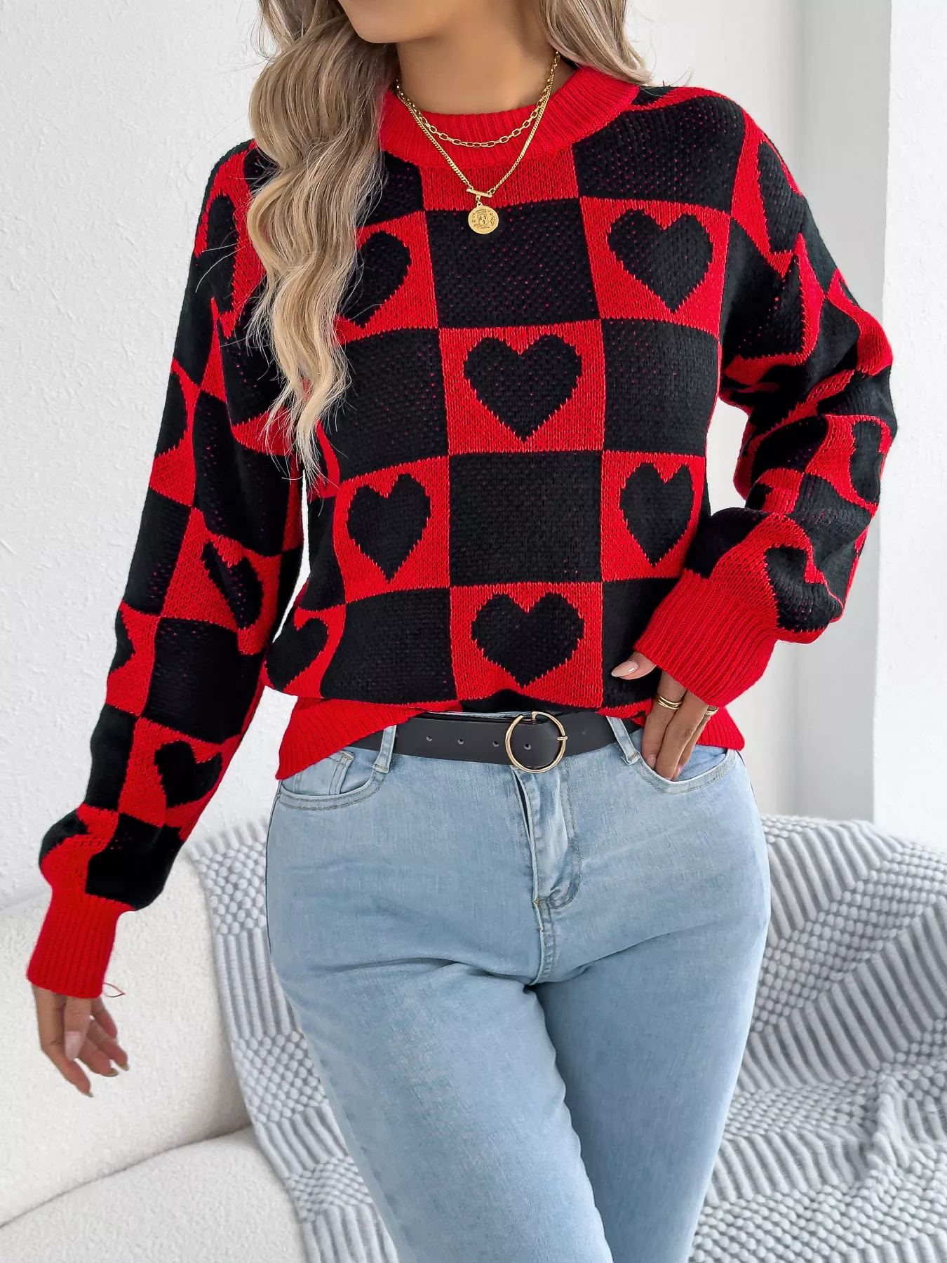 Heart Checkerboard Pattern Round Neck Sweater - Image 6