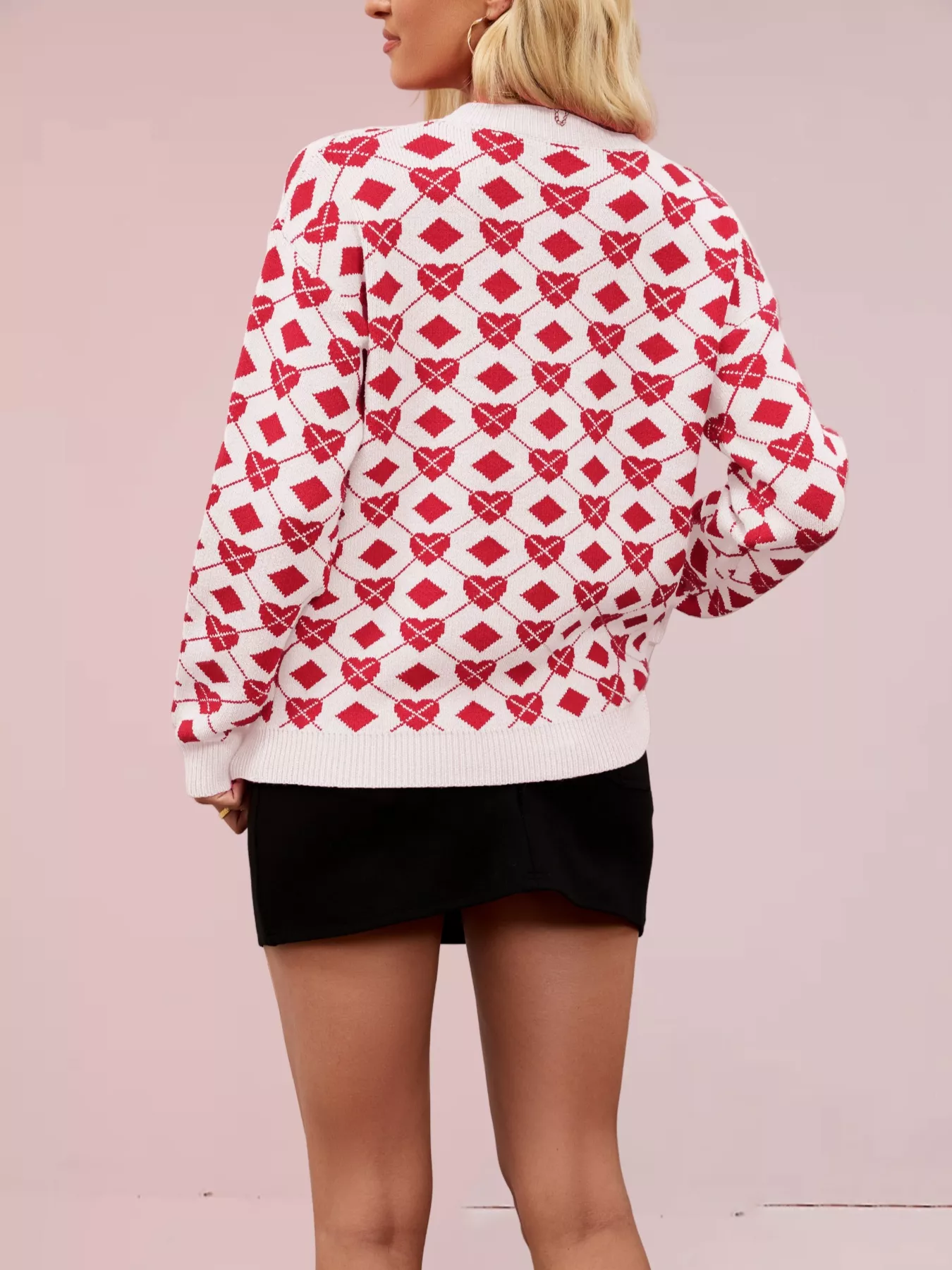 Heart & Diamond Pattern Long Sleeve Sweater - Image 3
