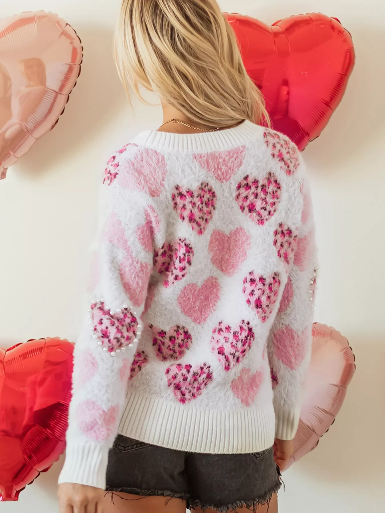 Heart Leopard Pearled Ribbed Trim Fuzzy Sweater - Image 2