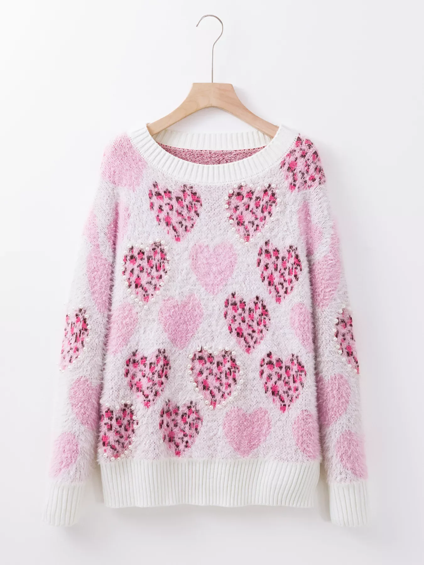 Heart Leopard Pearled Ribbed Trim Fuzzy Sweater - Image 7