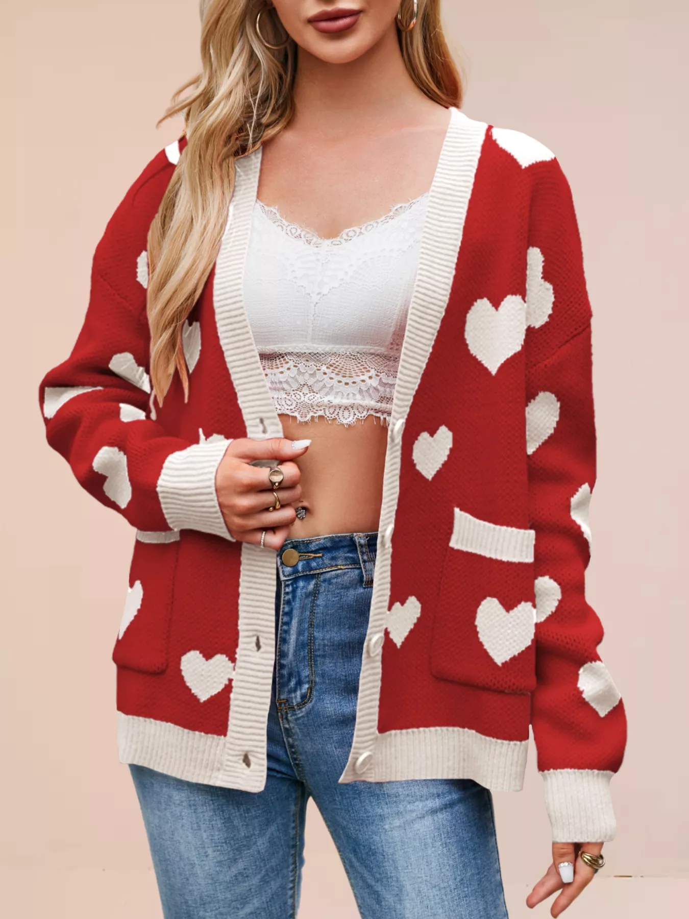 Heart Pattern Button-Up Knit Cardigan - Image 11