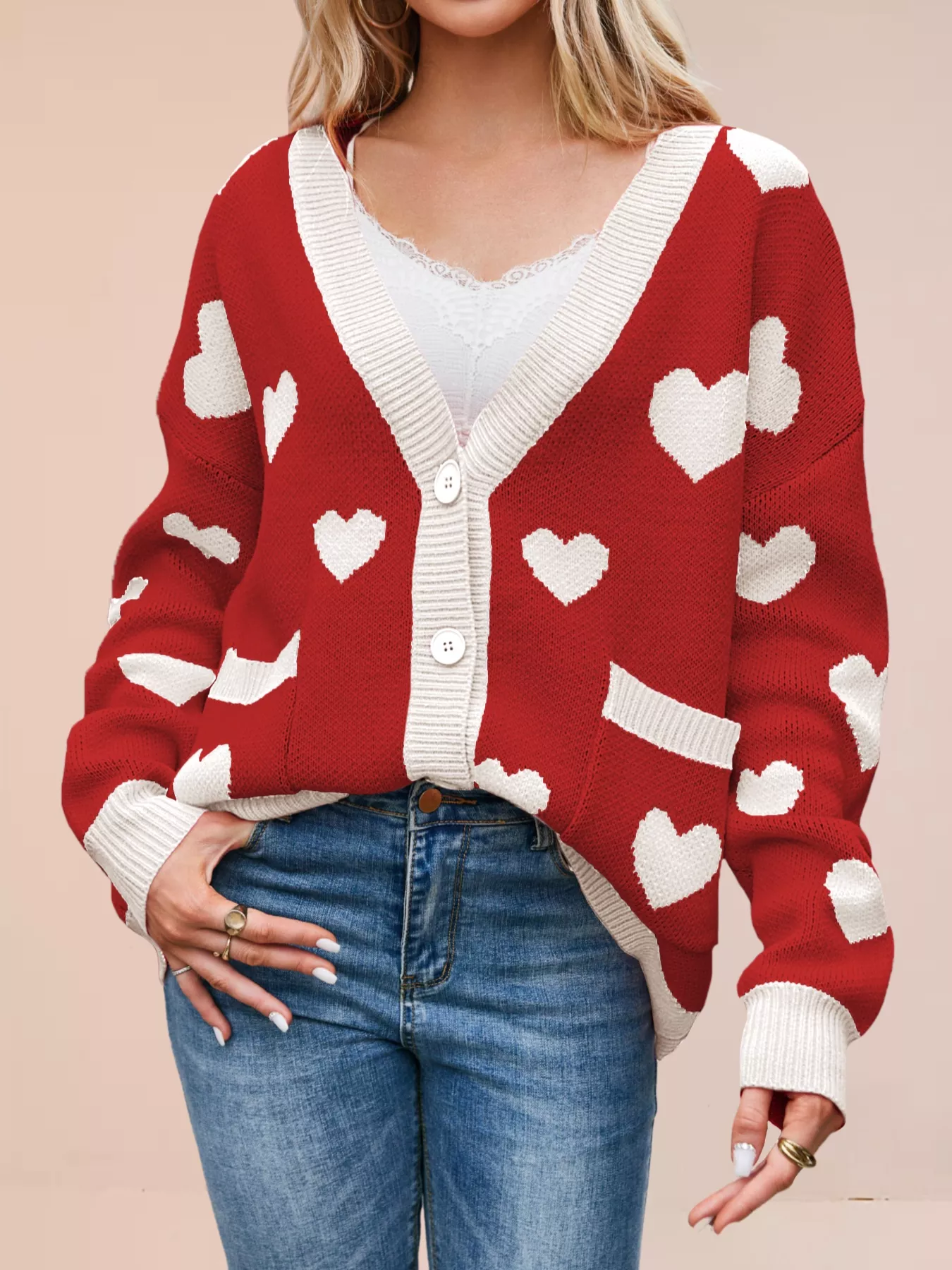 Heart Pattern Button-Up Knit Cardigan - Image 12