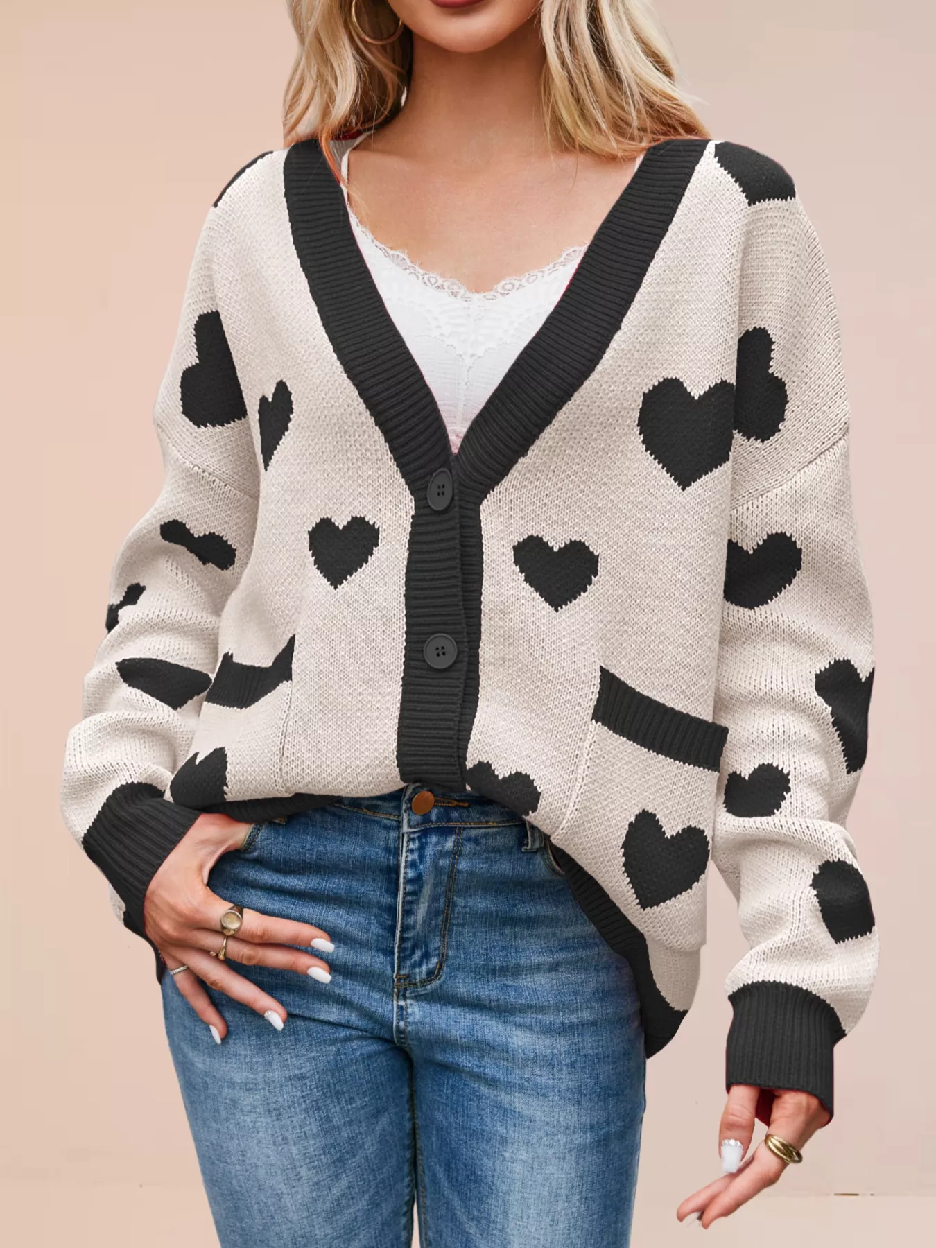 Heart Pattern Button-Up Knit Cardigan - Image 20
