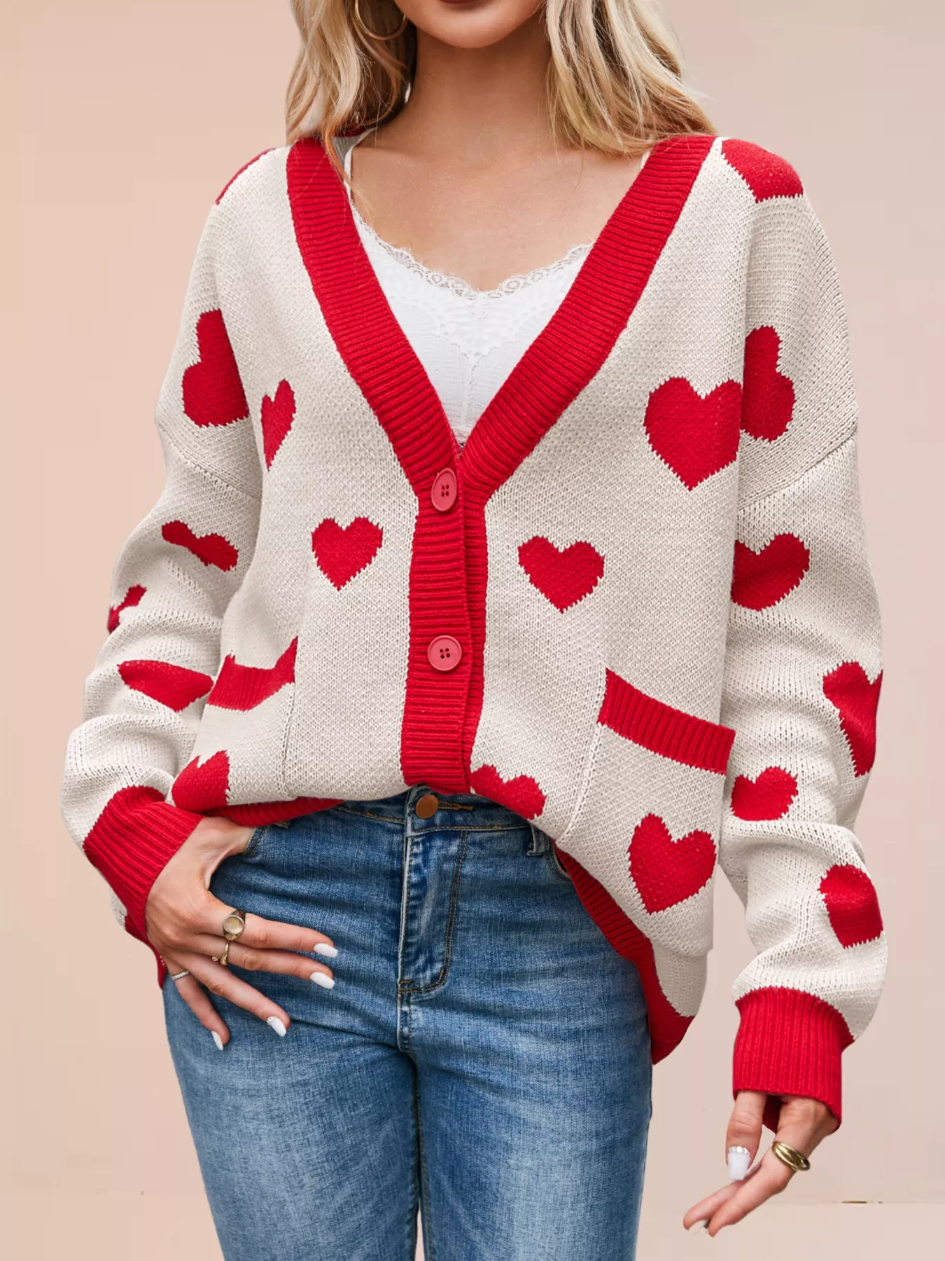 Heart Pattern Button-Up Knit Cardigan - Image 9