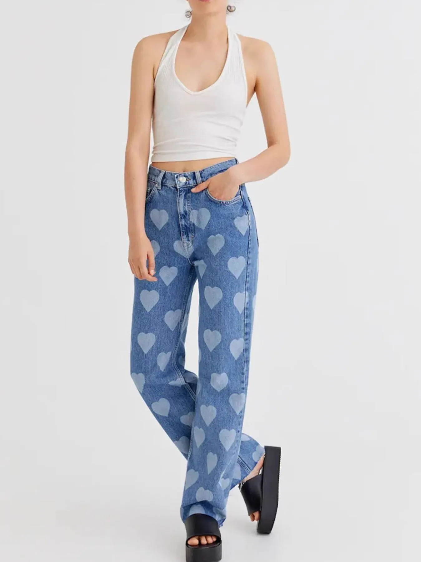 Heart Pattern High-Waist Wide Leg Jeans - Image 2