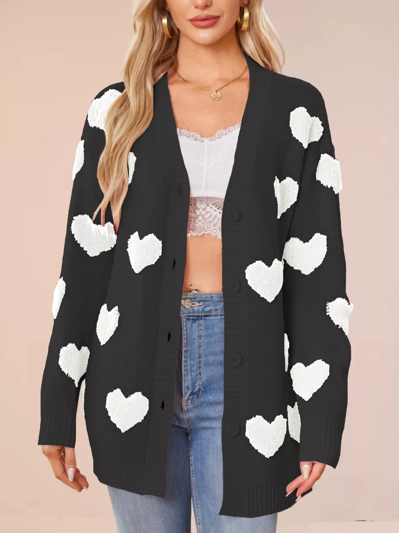 Heart Pattern Knit Button-Up Cardigan - Image 14