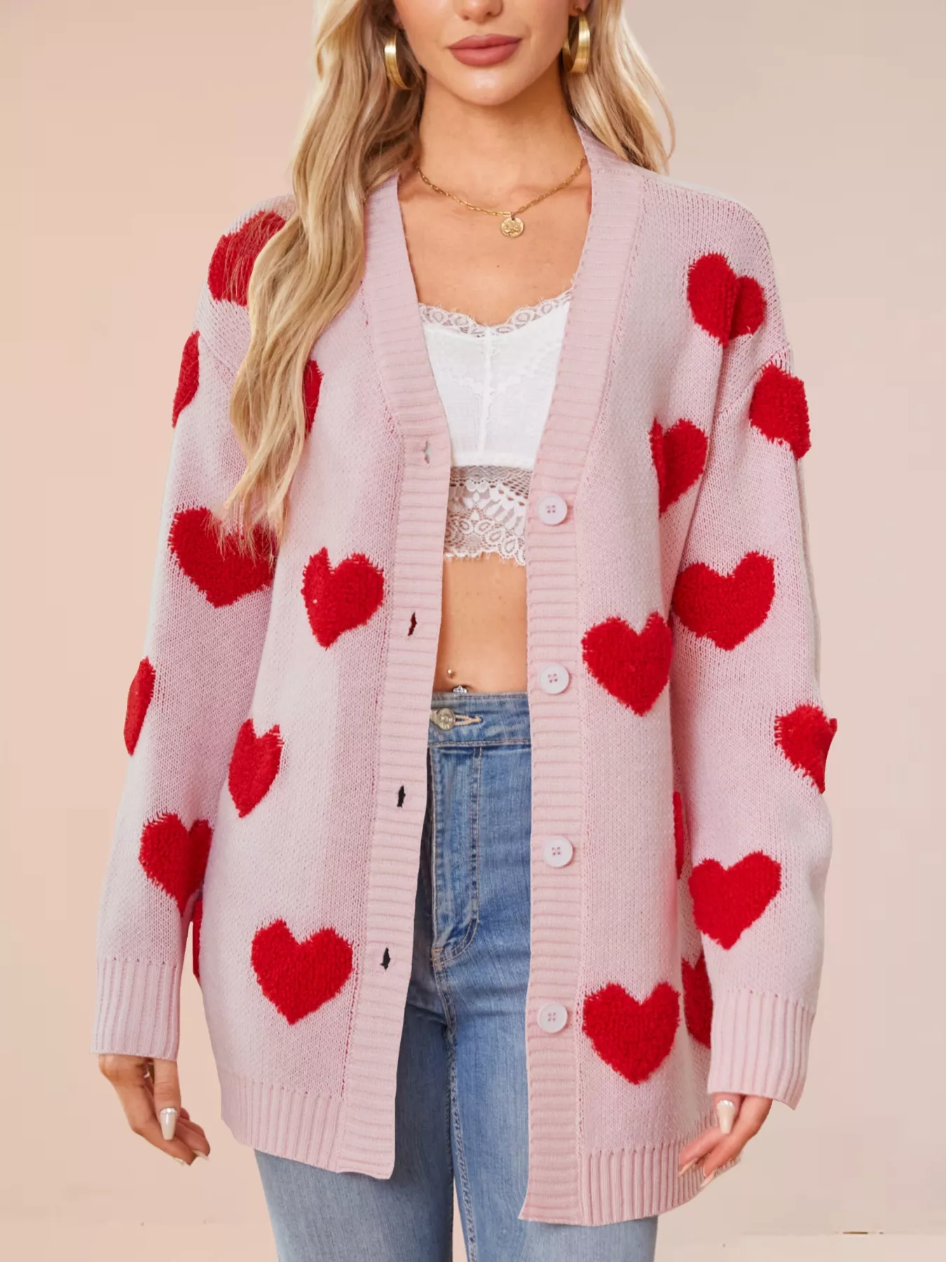 Heart Pattern Knit Button-Up Cardigan - Image 5