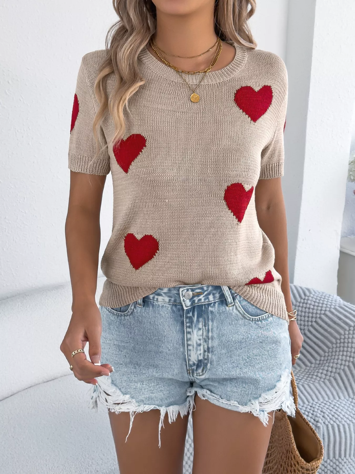 Heart Pattern Round Neck Short Sleeve Sweater - Image 5