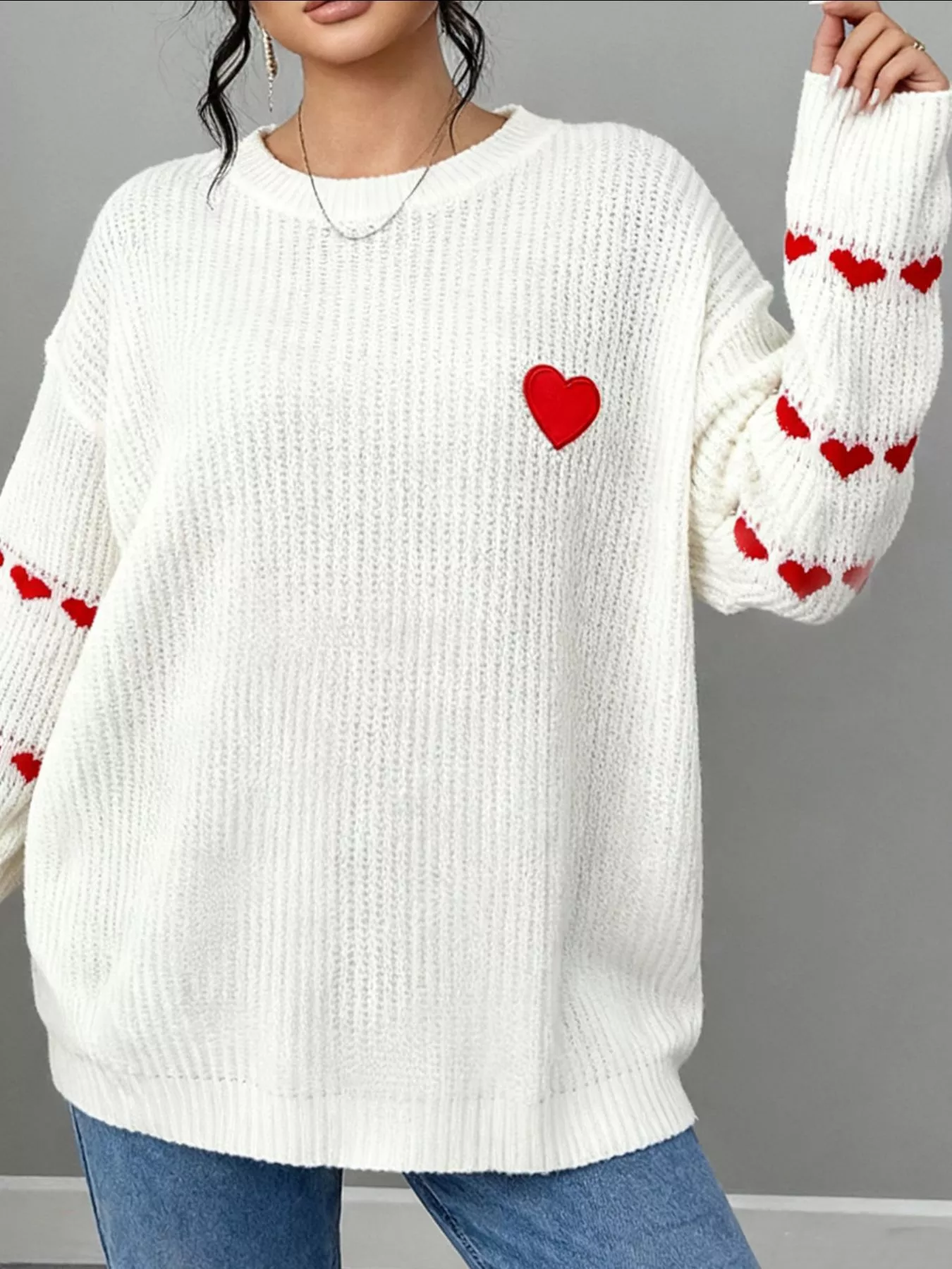 Heart Pattern Round Neck Sweater - Image 3