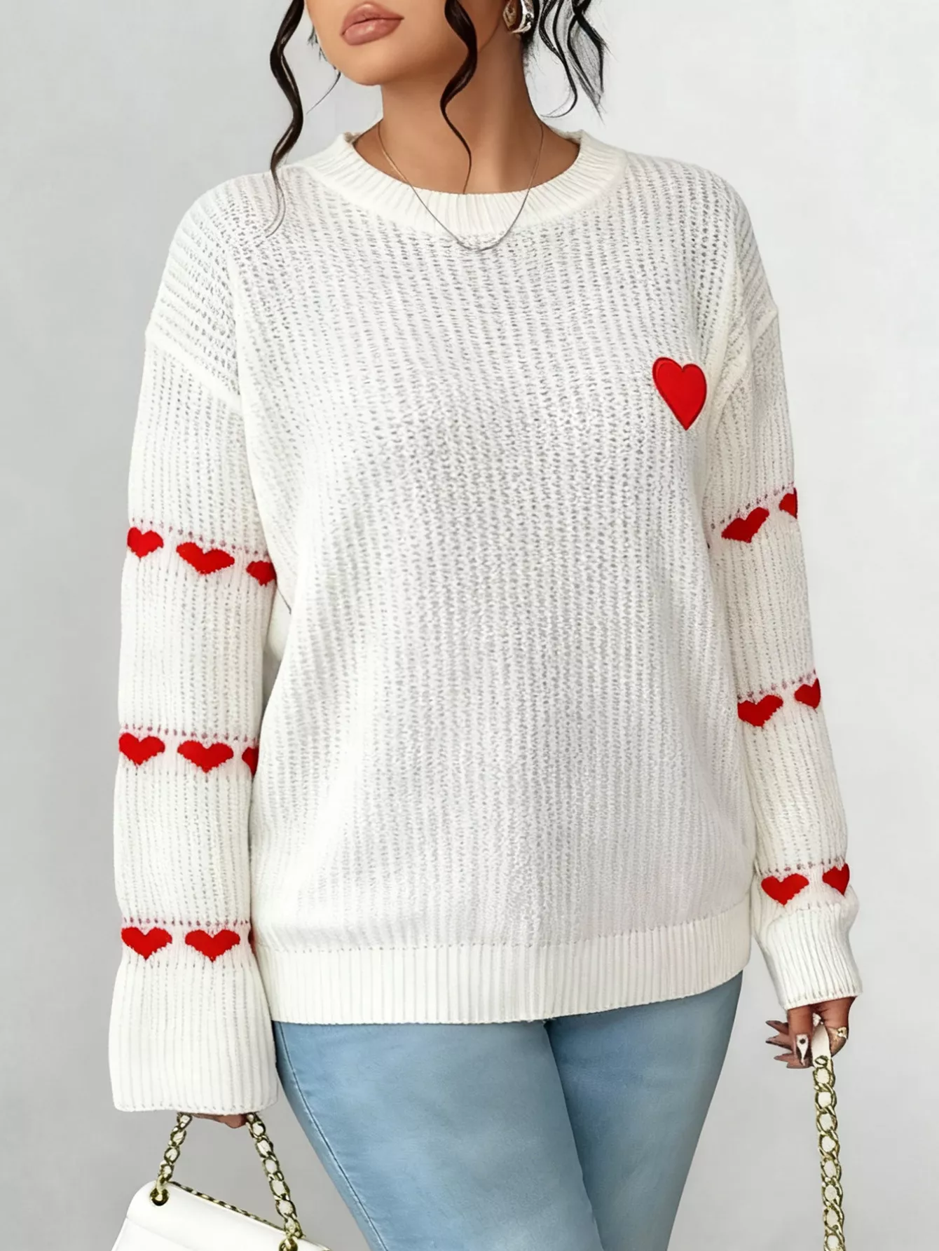 Heart Pattern Round Neck Sweater - Image 4