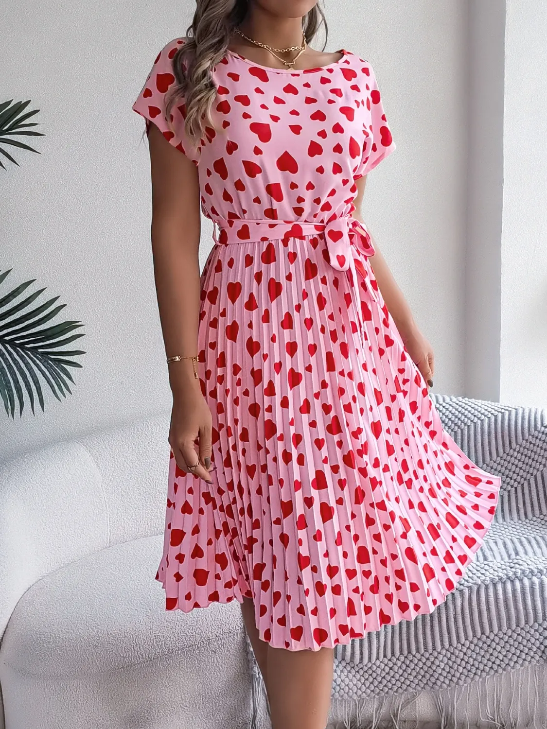 Heart Print Short Sleeve Tie Waist Dress - Image 3