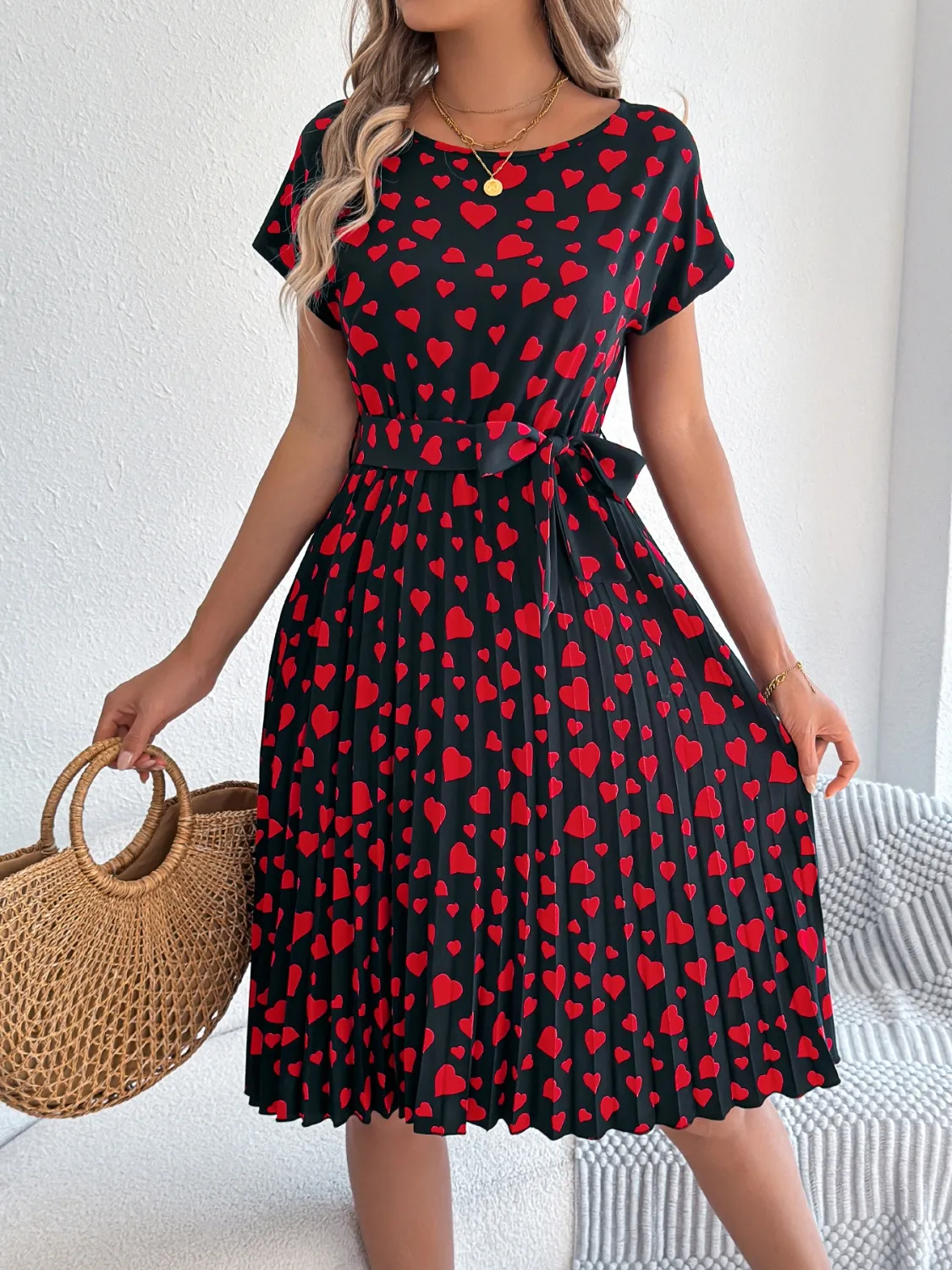 Heart Print Short Sleeve Tie Waist Dress - Image 7