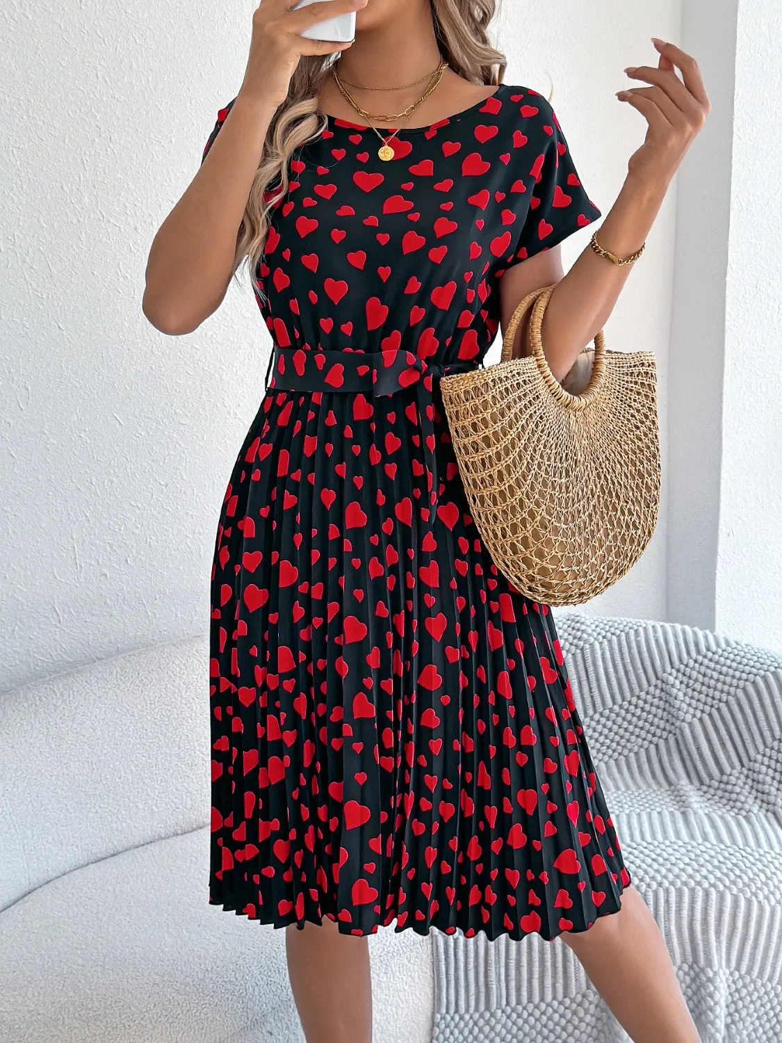 Heart Print Short Sleeve Tie Waist Dress - Image 9