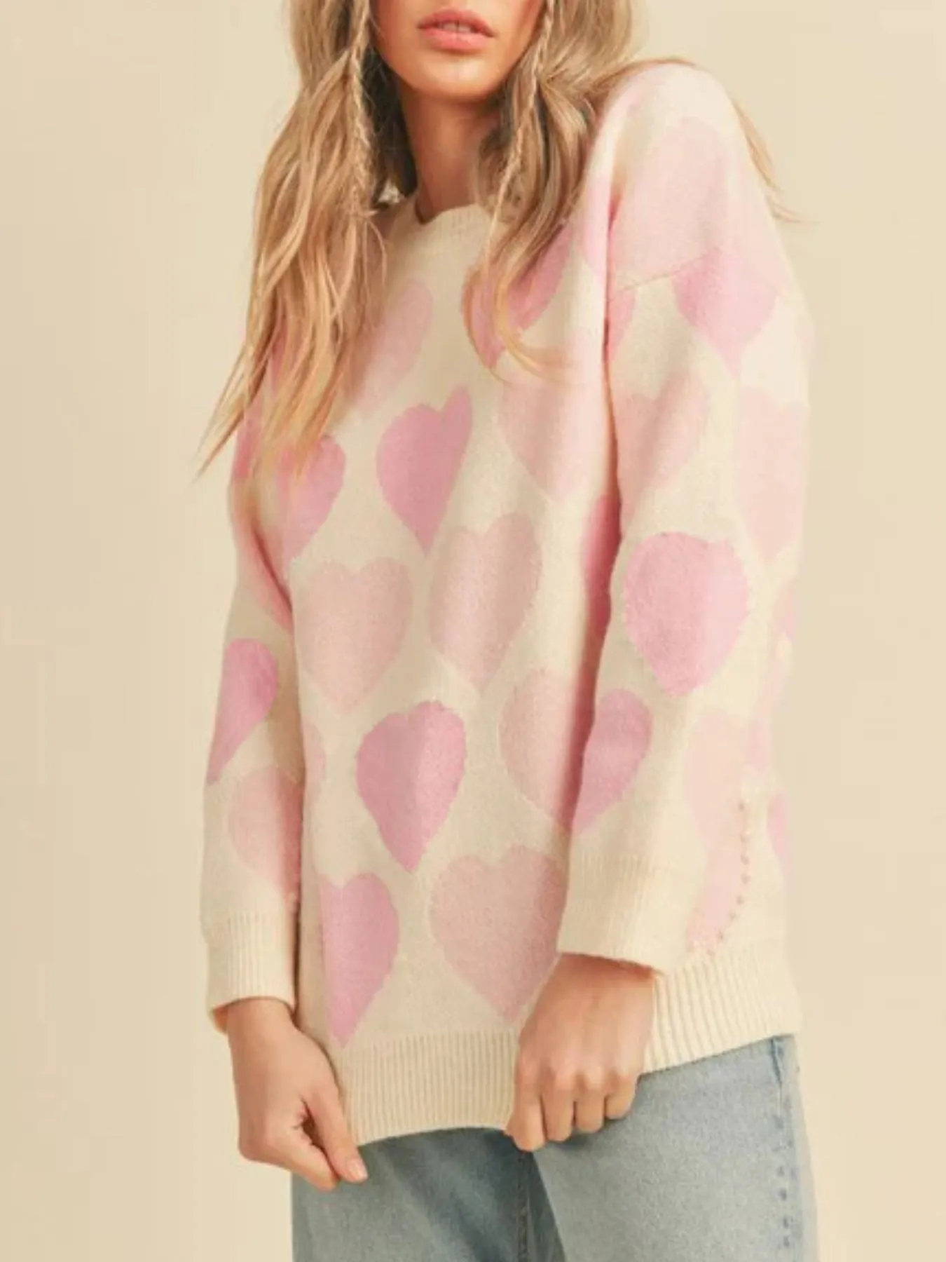 Heart Ribbed Hem Long Sleeve Sweater - Image 18