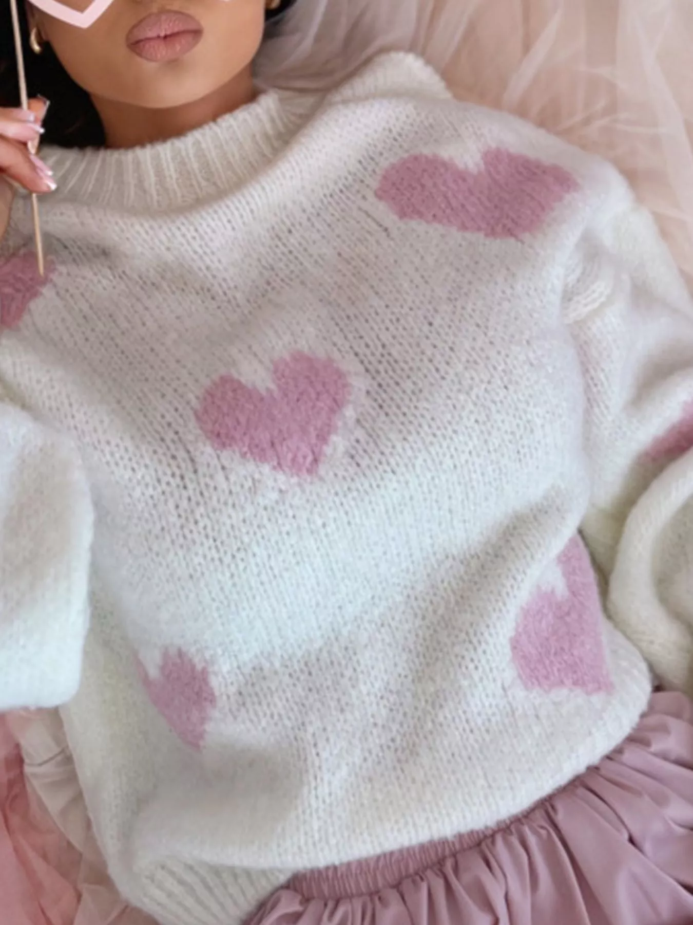 Heart Round Neck Knitted Sweater - Image 5