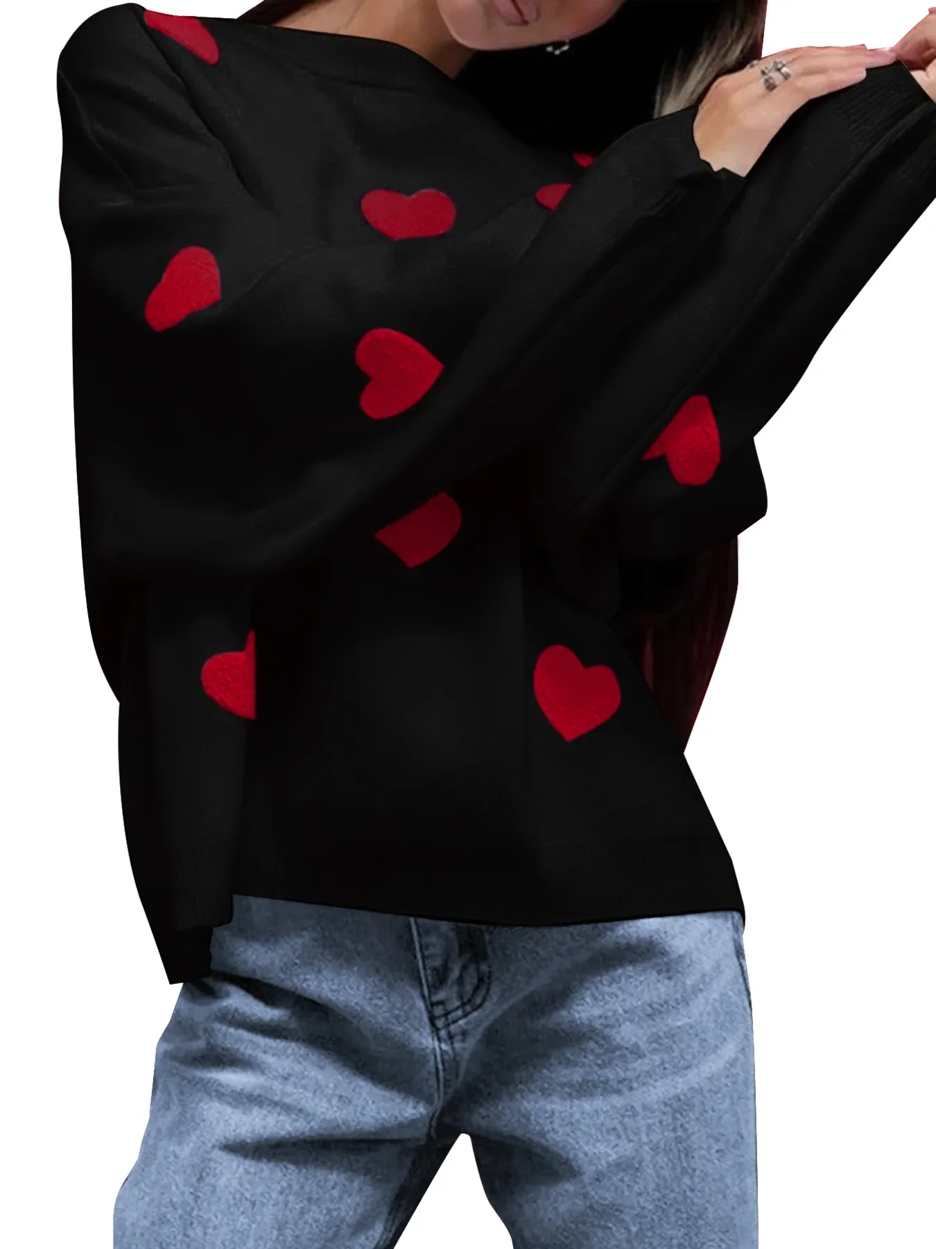 Heart Round Neck Long Sleeve Sweater - Image 4