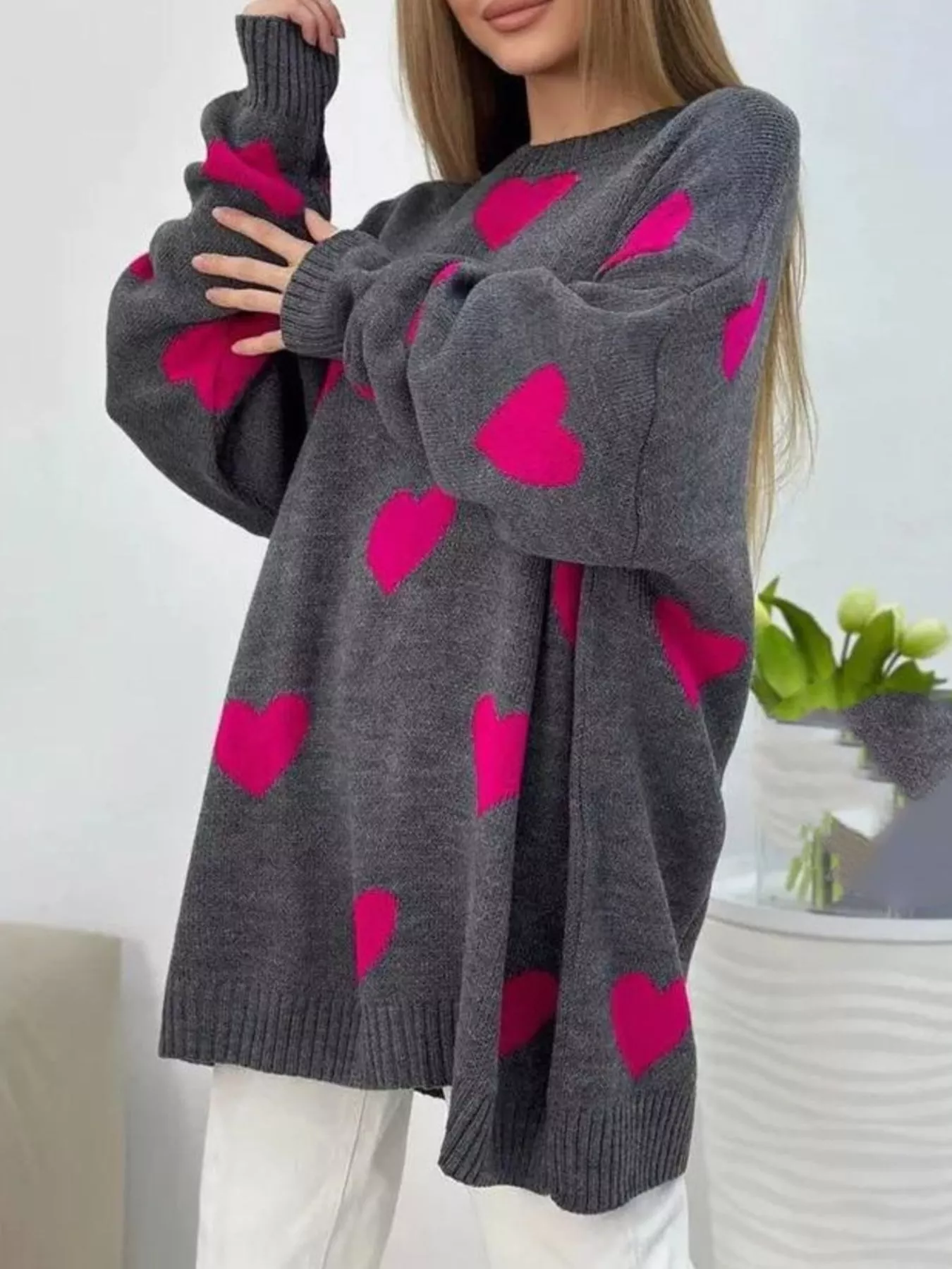 Heart Round Neck Oversized Knit Sweater - Image 3
