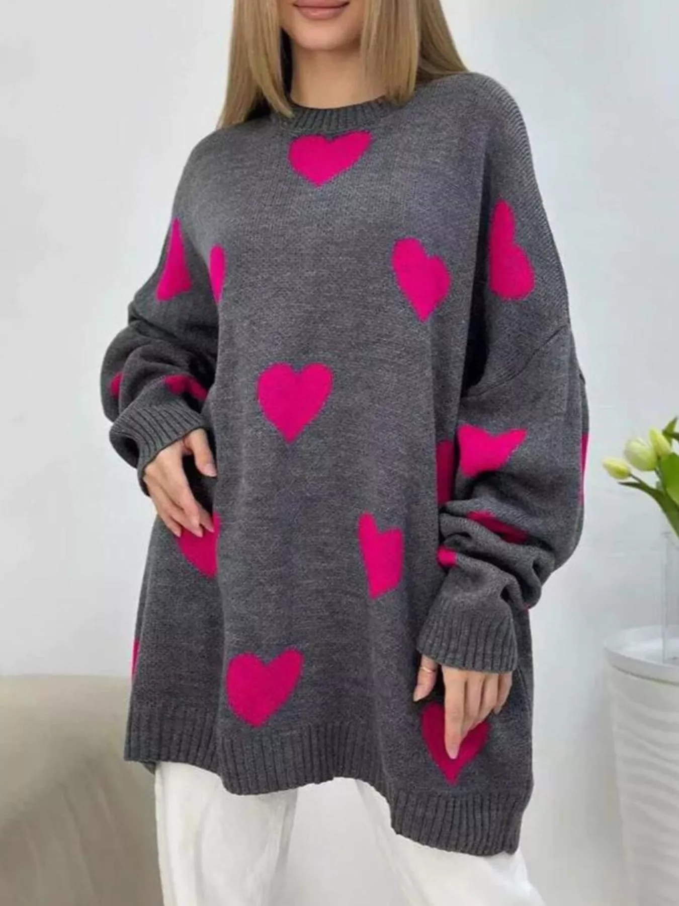 Heart Round Neck Oversized Knit Sweater - Image 4