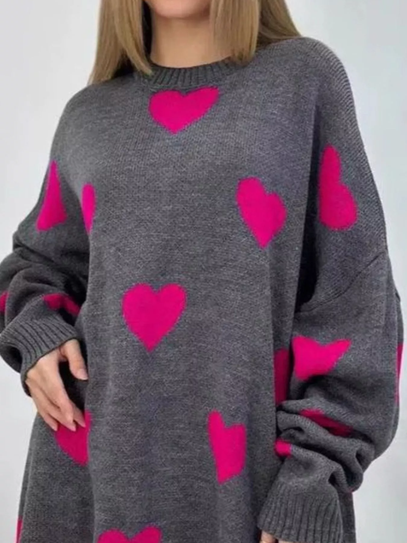 Heart Round Neck Oversized Knit Sweater - Image 5