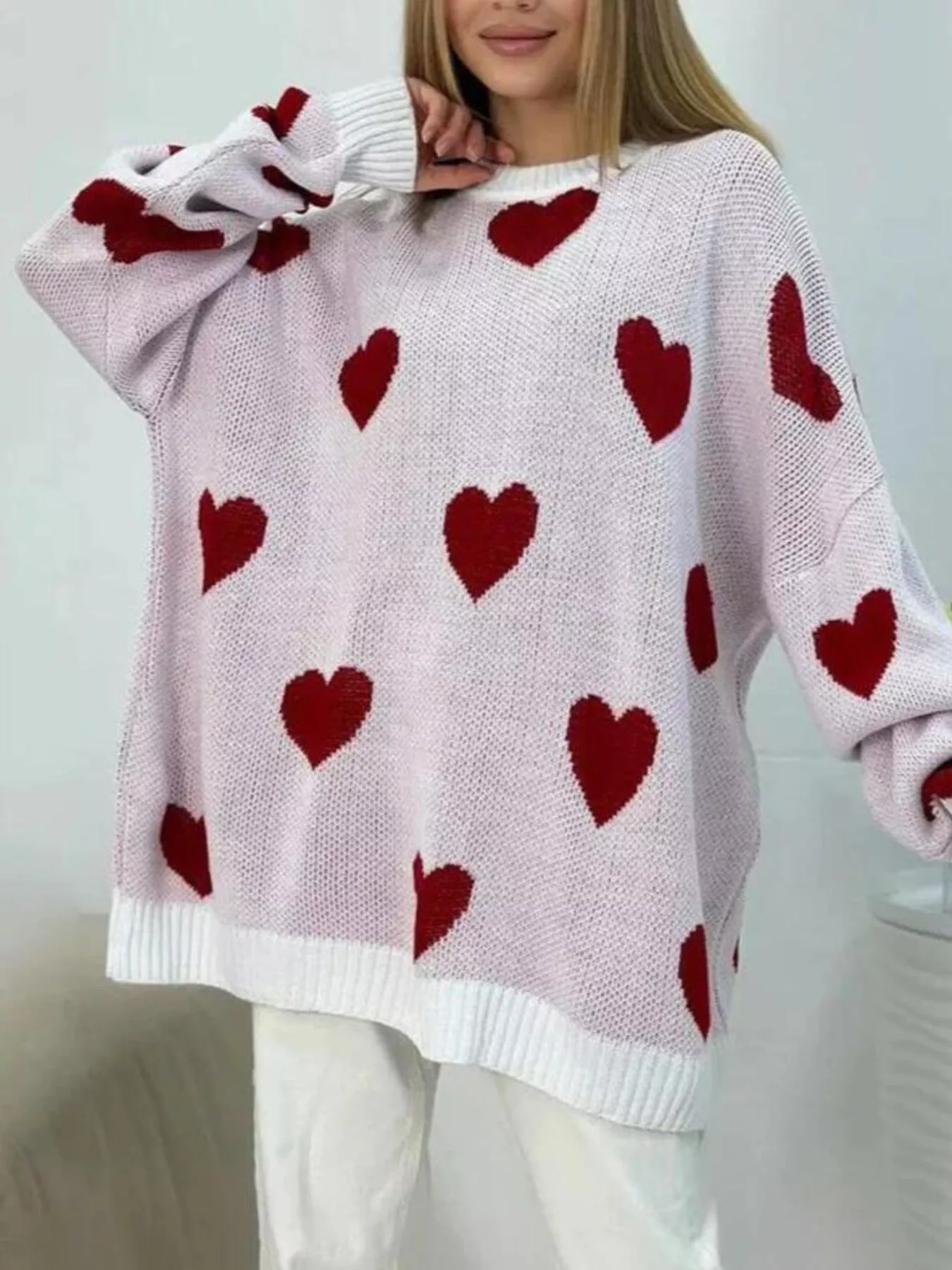 Heart Round Neck Oversized Knit Sweater - Image 8