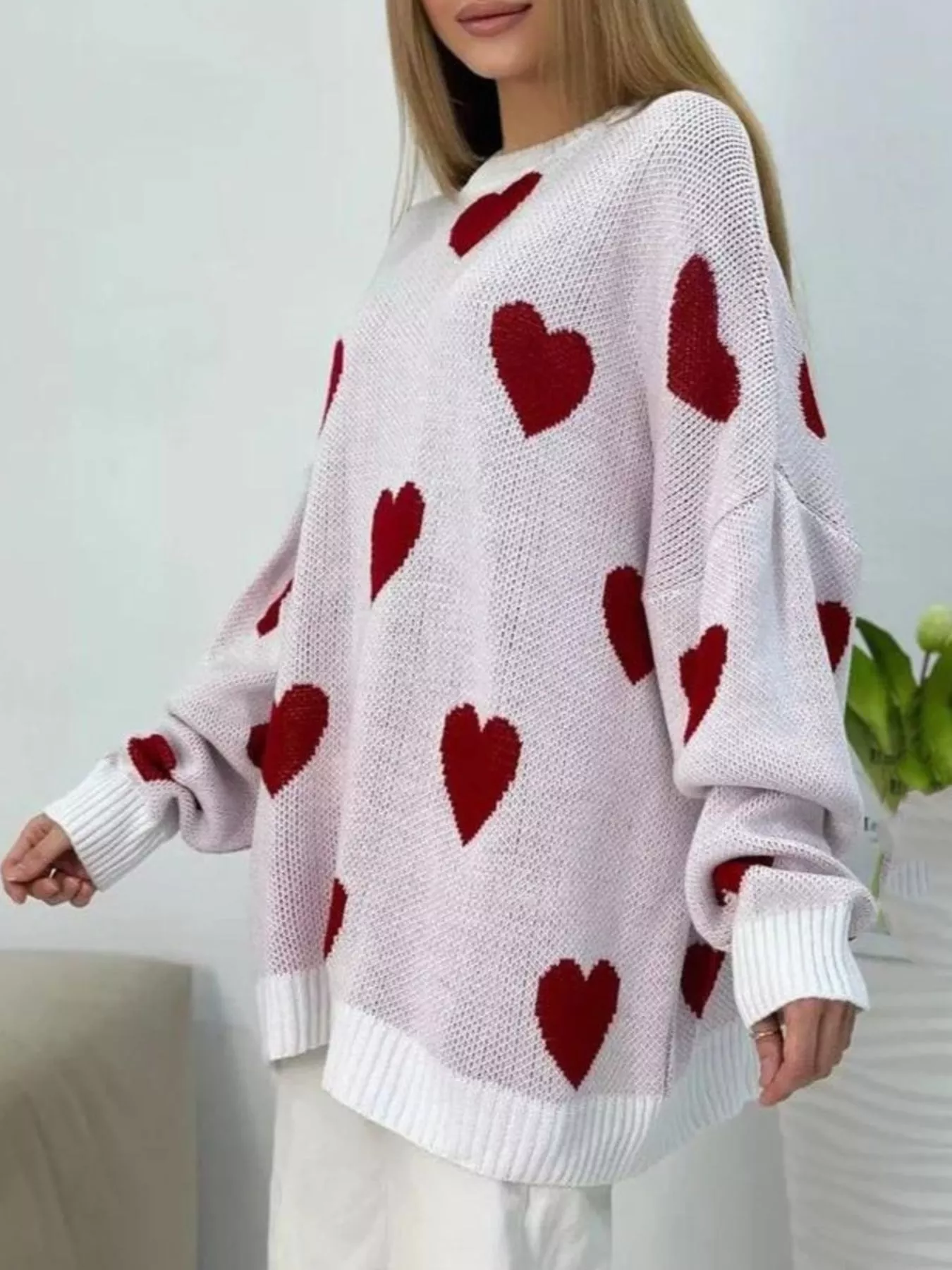Heart Round Neck Oversized Knit Sweater - Image 9