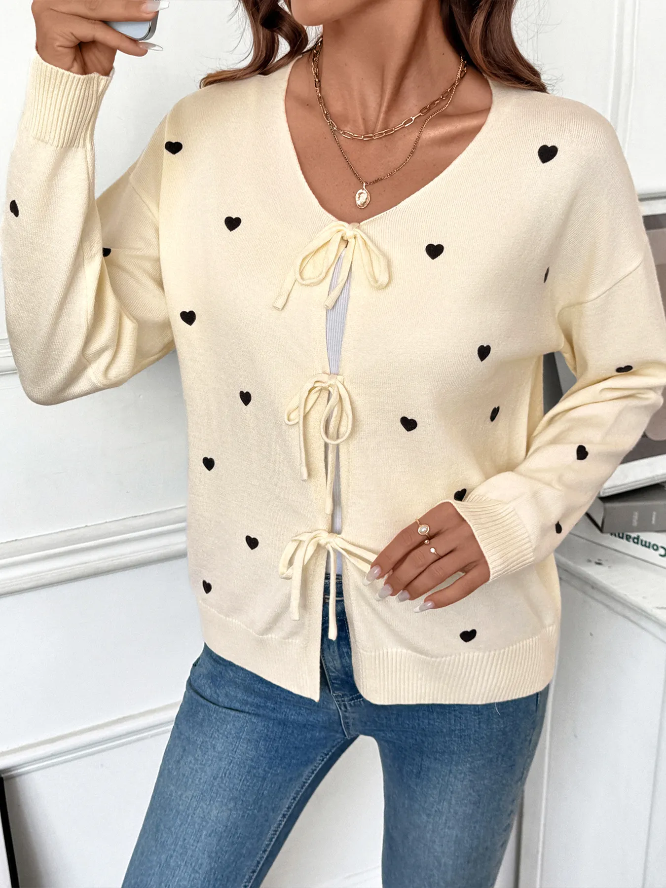 Heart Tie-Front Long Sleeve Cardigan - Image 4