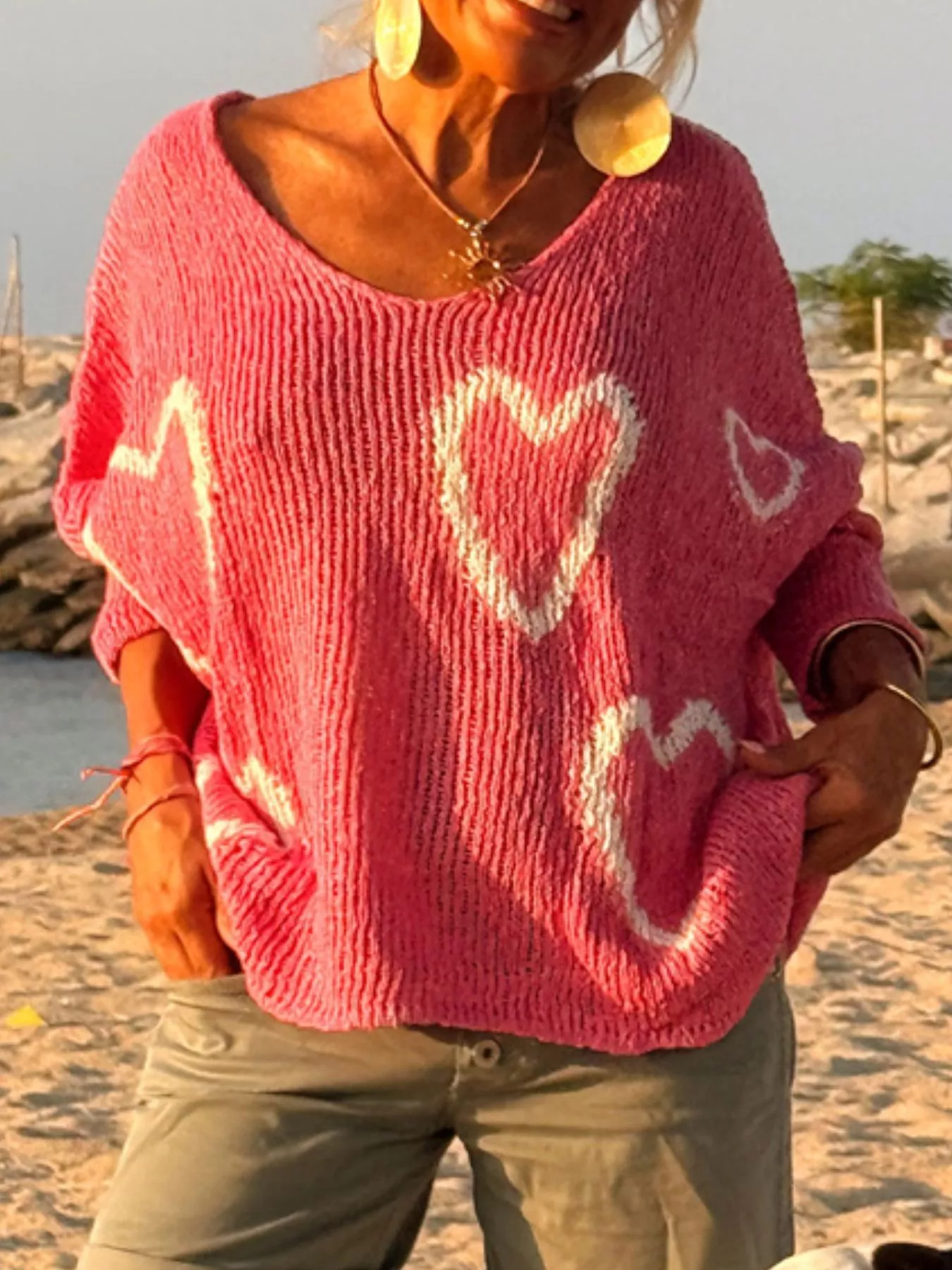 Heart V-Neck Dropped Shoulder Sweater - Image 2
